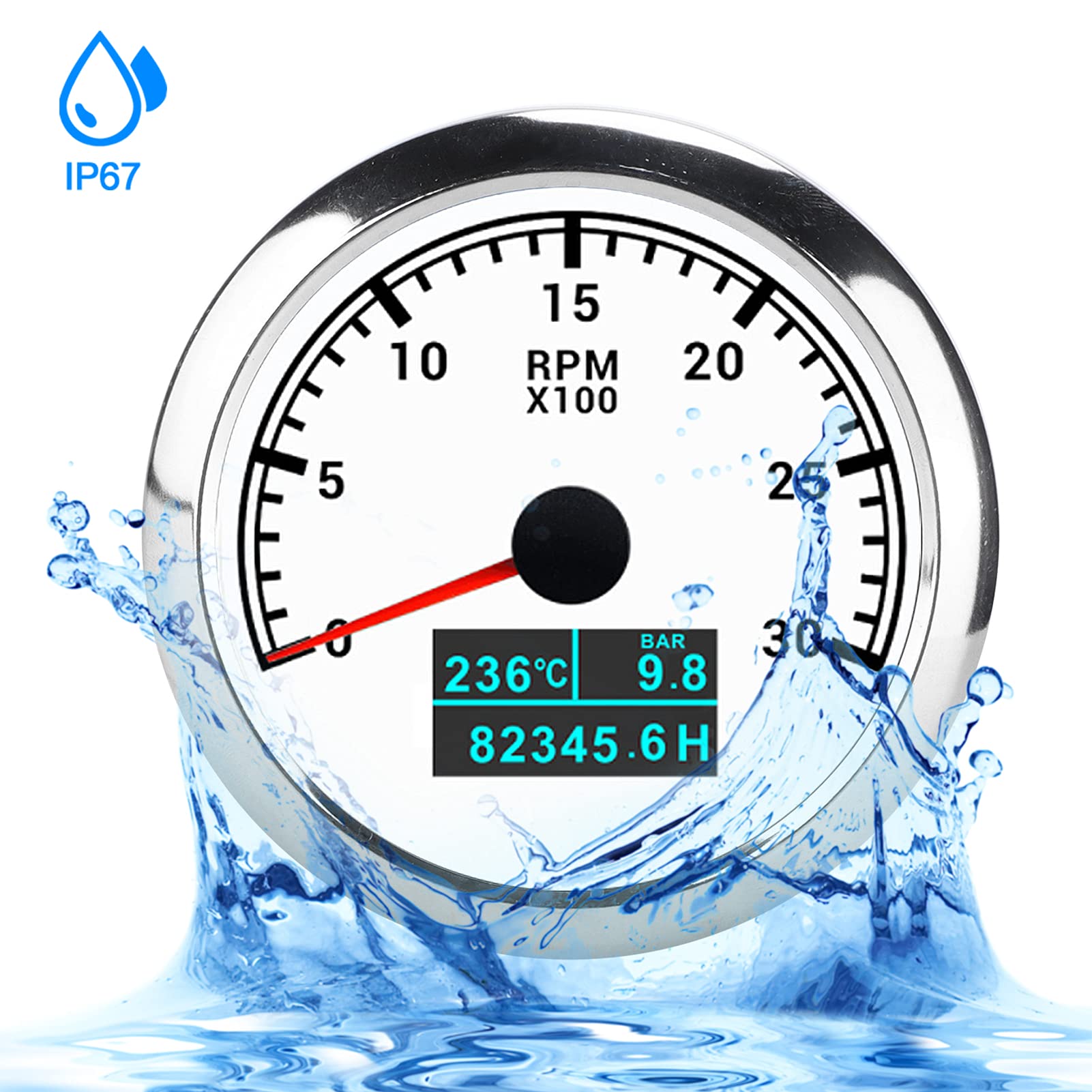 Tacómetro de Puntero, Tacómetro RPM de Acero Inoxidable ABS RPM RPM Instalación Fácil para la Modificación del Automóvil Barcos de Automóvil (esfera blanca)