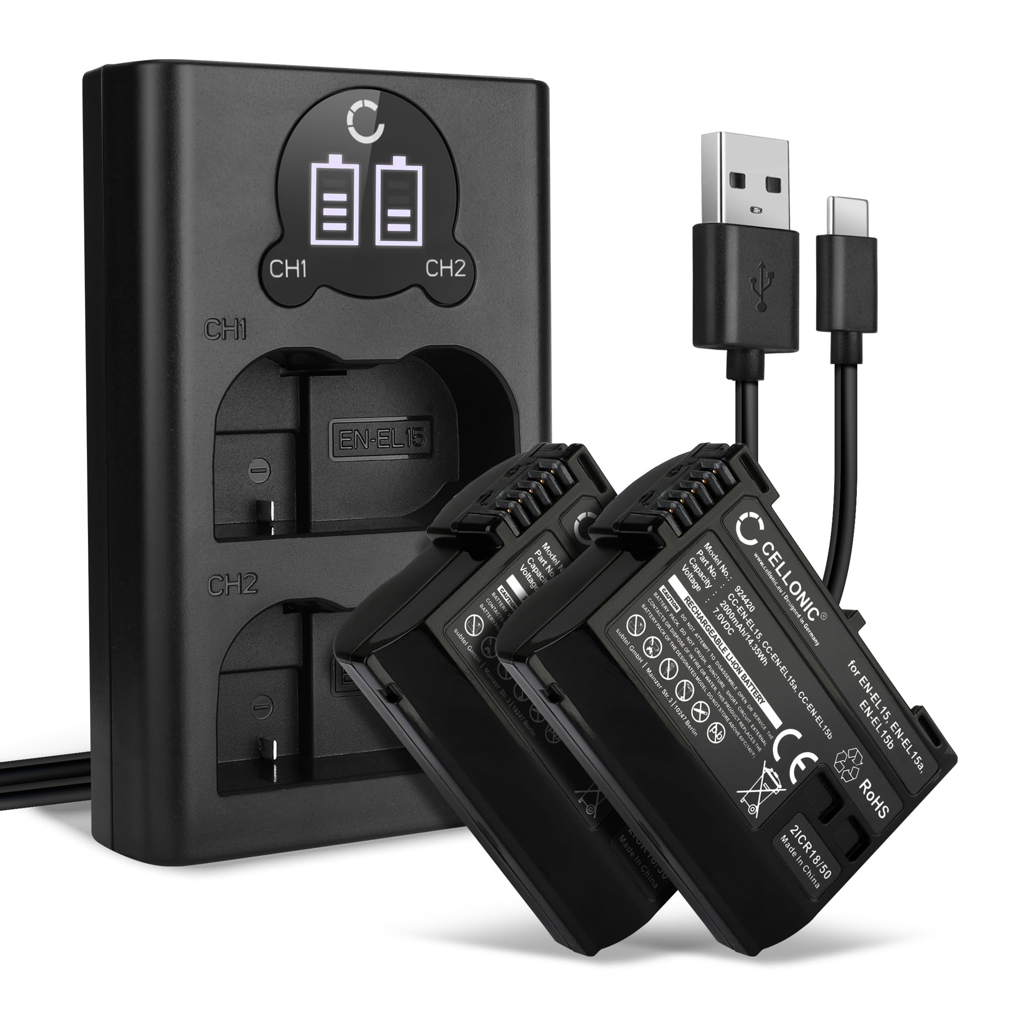 CELLONIC® zestaw 2 baterii 2000mAh i podwójna ładowarka kompatybilna z Nikon D750 D7000 D7100 D7200 D7500 D800 D810 D850 D610 D500 Z 6 Z 7 Bateria zamienna do aparatu z kablem ładującym