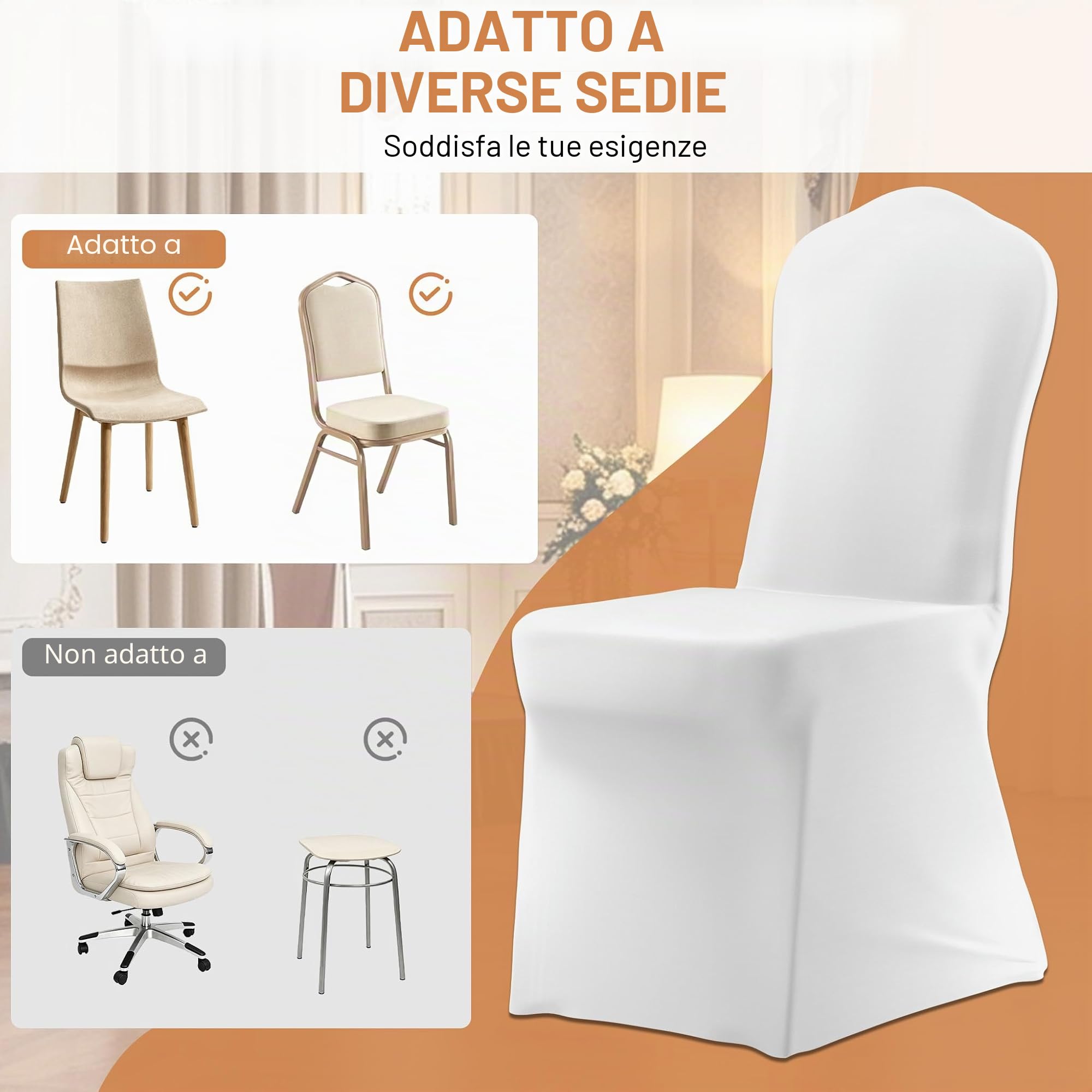 Aufun Coprisedia 100 Pezzi Bianco Copertura della Sedia Lavabile Copertine per Sedia in Lycra Universale per Sala da Pranzo Nuziale Hotel Ristorante Decor Banchetti Matrimoni Ricevimenti Feste