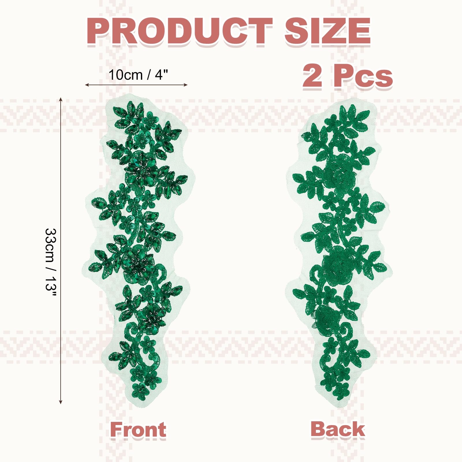 QUARKZMAN 2 Pack Appliques À Strass, 33x10 cm Patches De Dentelle Verte Brodées À Coudre Avec Perles Et Paillettes Pour La Couture, La Création De Robes, Les Banquets De Mariage