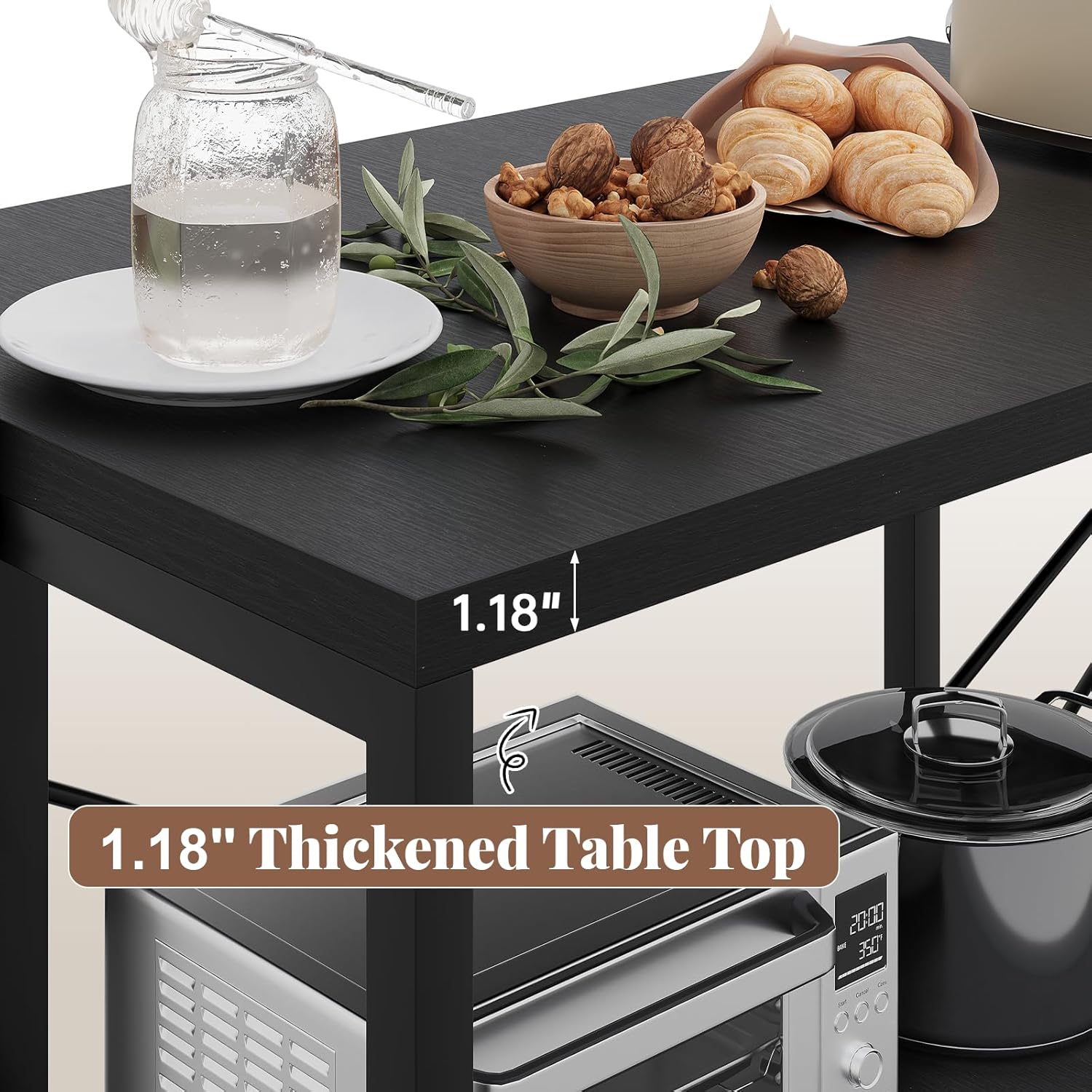 47” Kitchen Island with Storage, Large Bakers Rack with Power Outlet Microwave Oven Stand W/ 3-Tier Shelves & 8 Hooks for Pantry Organization, Metal Coffee Bar Table for Dining Living Room, Black