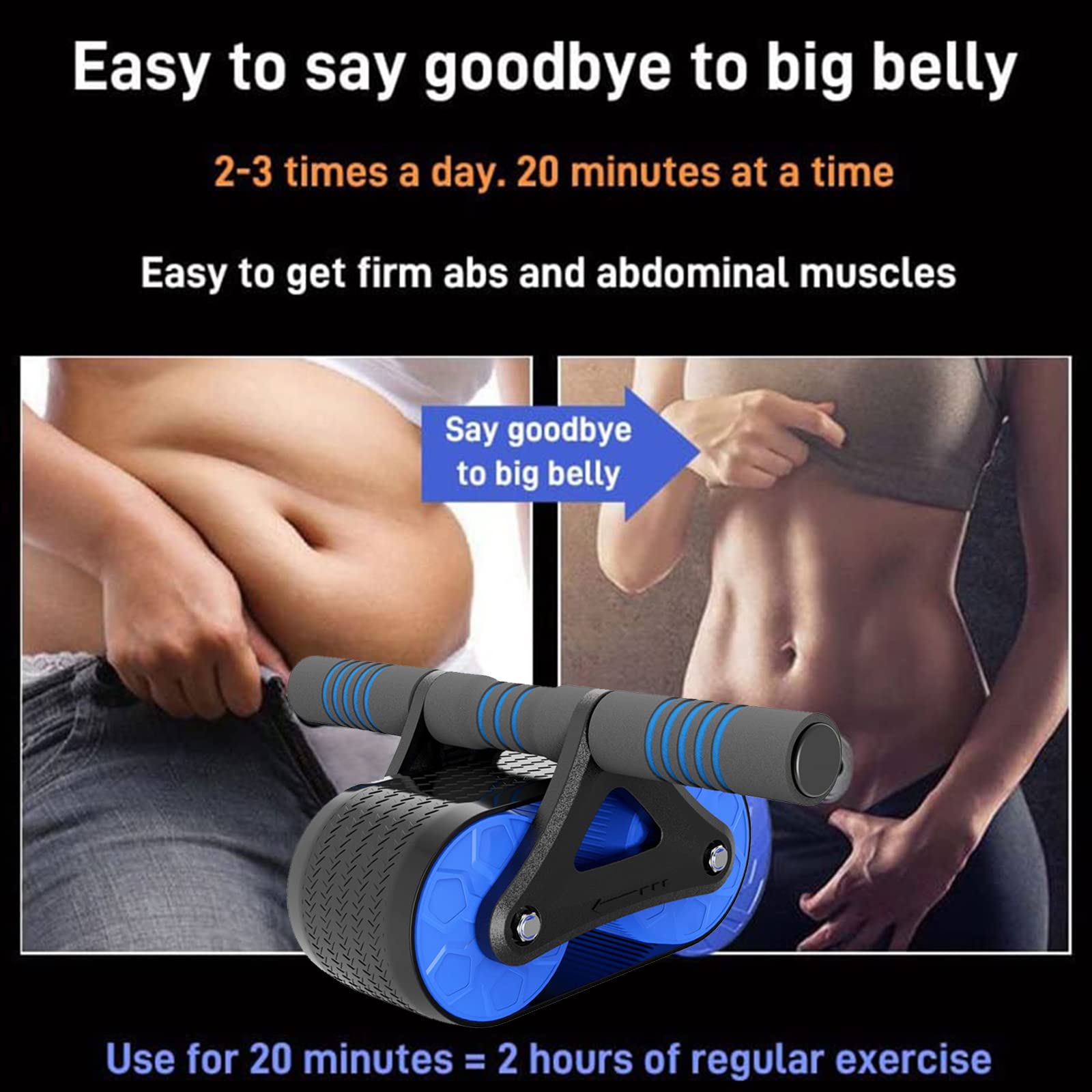 Rueda para abdominales: rueda con rodillo para abdominales con alfombrilla para rodillas, rueda abdominal de rebote automático, diseño de doble rueda, adecuada para ejercicios de despliegue de abdomi