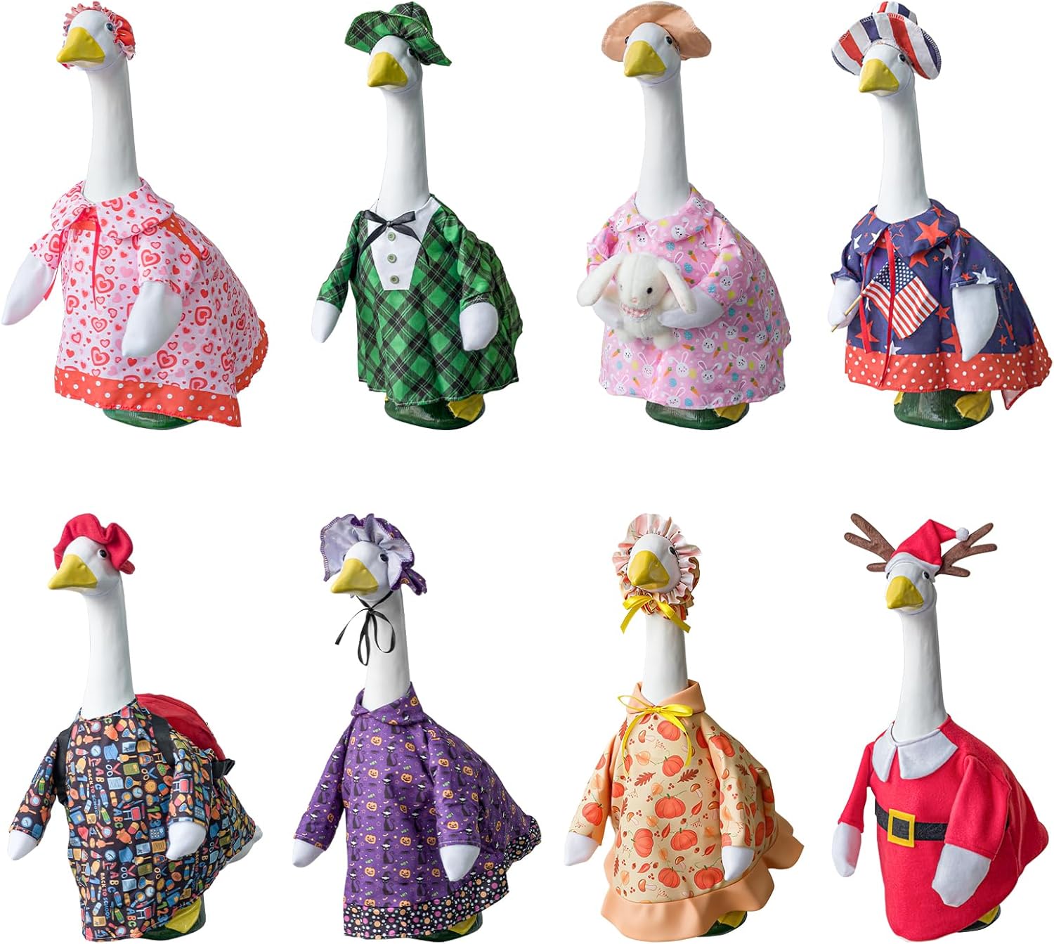 8 Set Porch Goose Outfits All Seasons Holiday Bundle, Valentine's Day, St. Patrick's, Easter, Independence, Back School, Halloween, Thanksgiving, Christmas Clothing for 23" Lawn Goose Patio Yard Deco