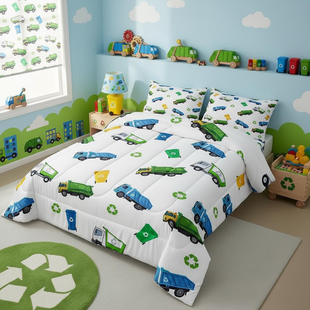 Juego de edredón de camión de basura, tamaño individual, juego de ropa de cama de coche de dibujos animados para niños, adolescentes, niñas, decoración de habitación infantil, suave, blanco, verde,