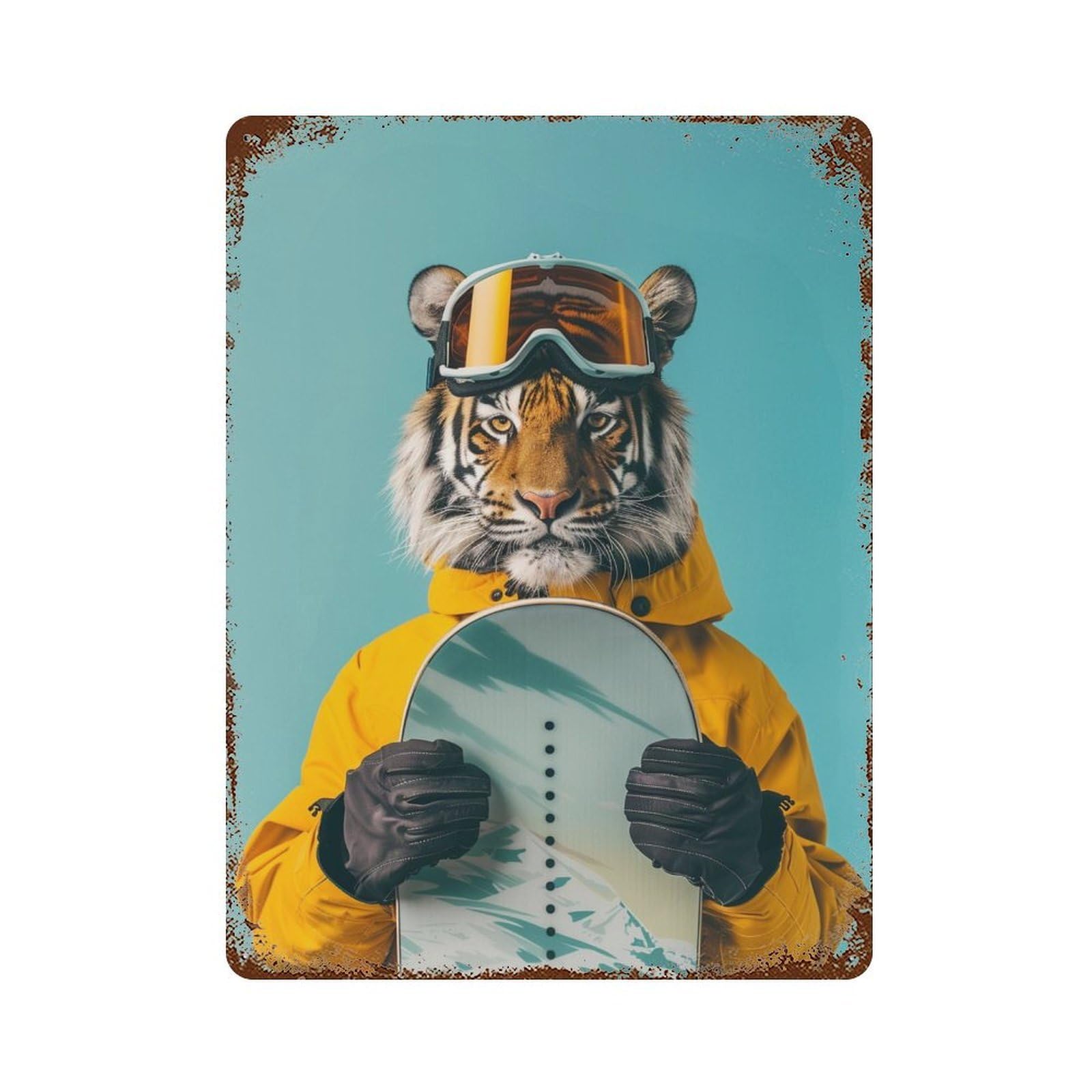 Tiger Snowboarder Gear Set Retro Metal Sign 15.7"x11.8", Novelty Wall Decor for Farmhouse, Kitchen And Entryway Decor