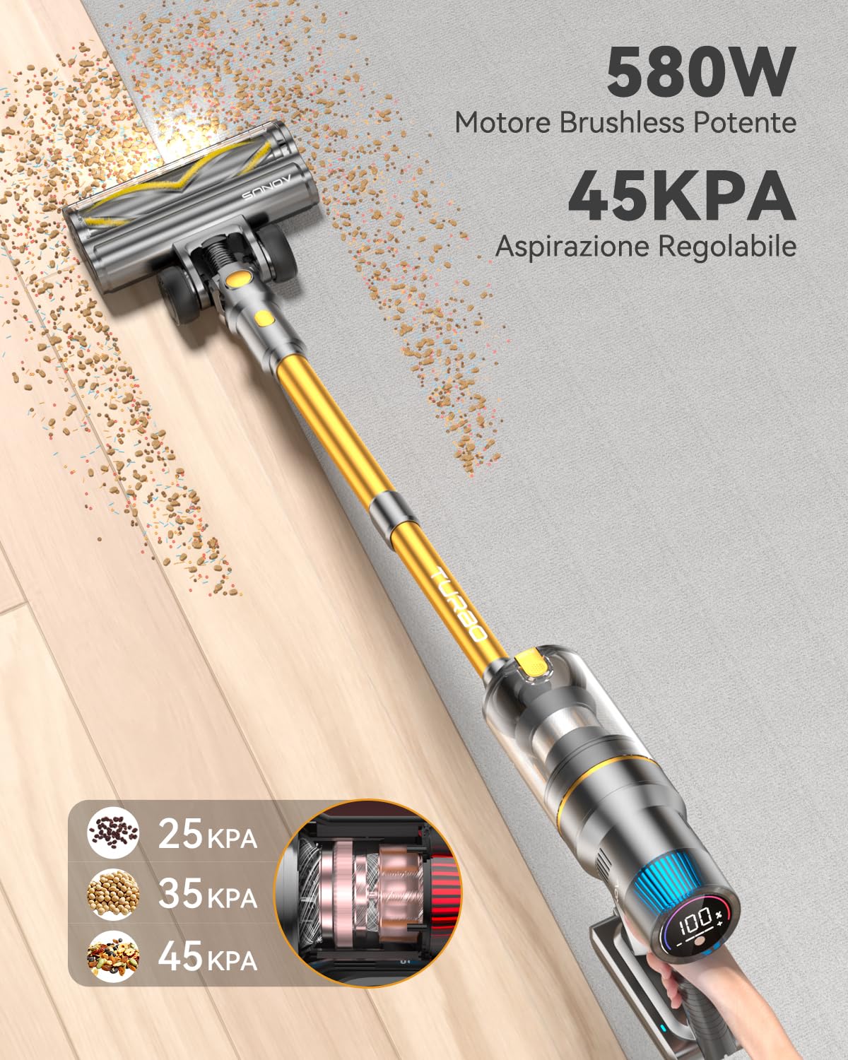 aonus A9S 45Kpa/580W/70Mins Aspirapolvere senza Fili, Scopa Elettrica senza Fili Potente con Autoportante, LED Touchscreen, Anti-Avvolgimento per Peli Animali/Pavimento/Tappeti