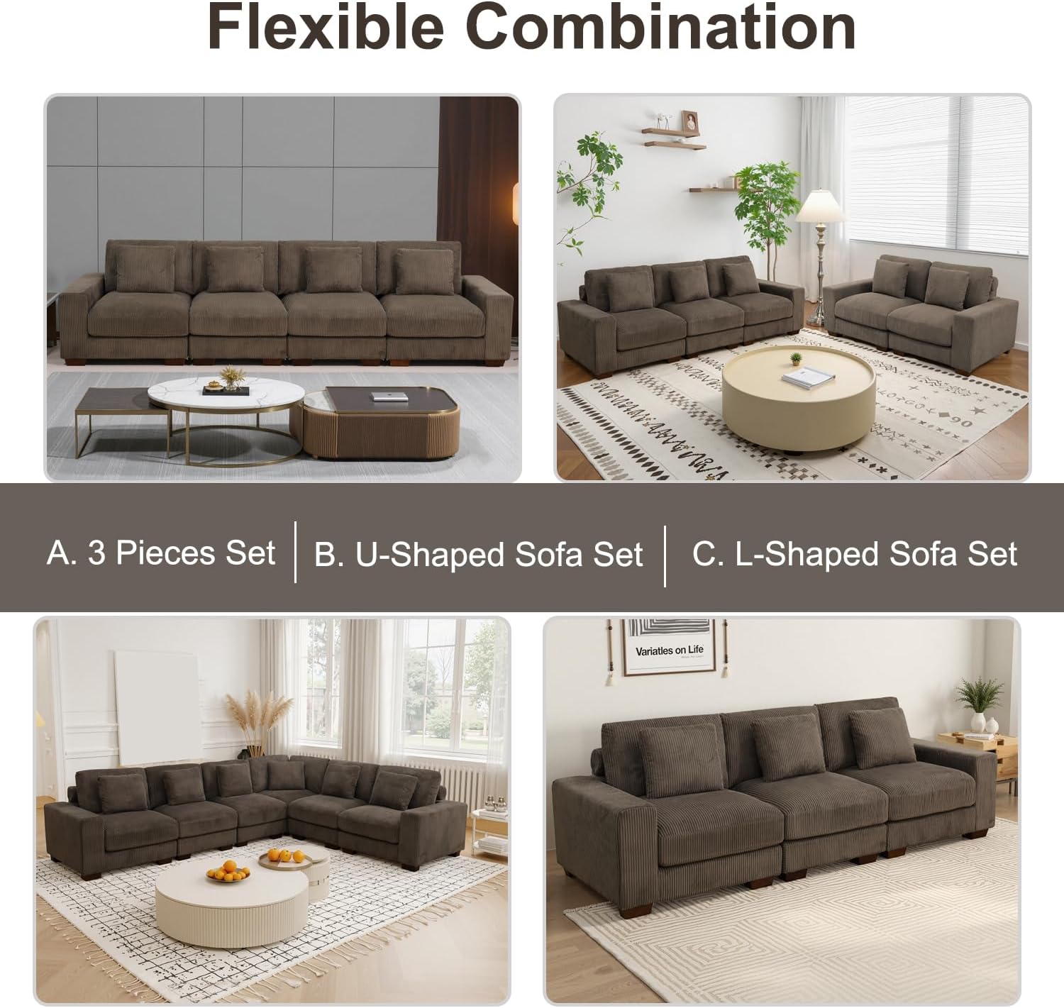 Corduroy Sofa Set, Scetional Sofa Set for Living Room, Modular Couch Set for Living Room/Apartment/Office (Brown, Sofa & Couch Set)