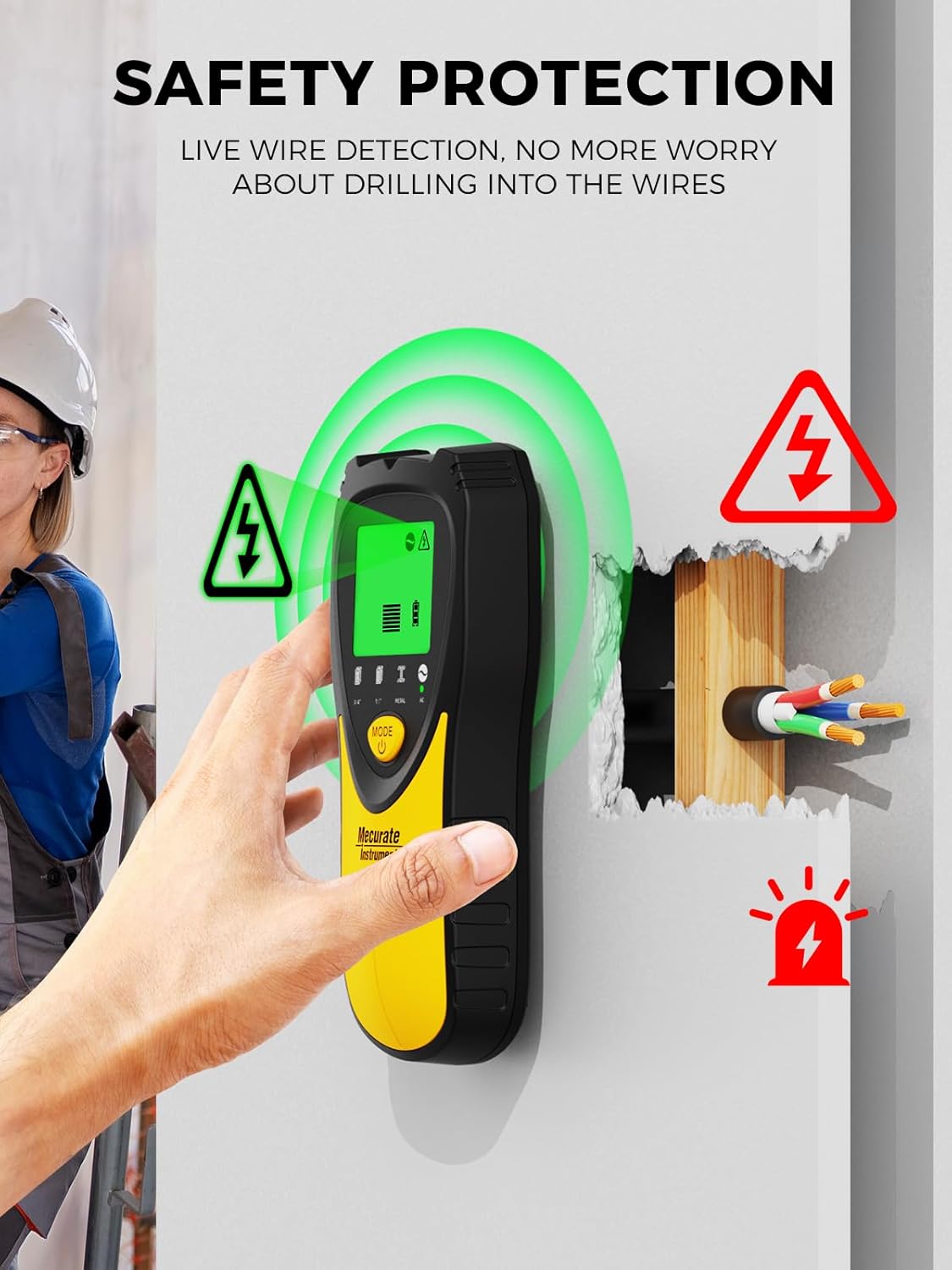 Mecurate Stud Finder detecting live wires with a safety alert