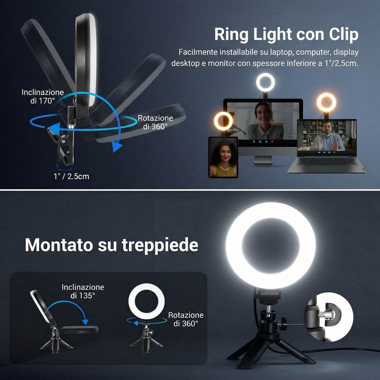 NEEWER BASICS BR60 5" Ring Light Clip-on Lamp 10W 3000K-6000K Dimmerable for Laptop Computer Monitor Video Conference