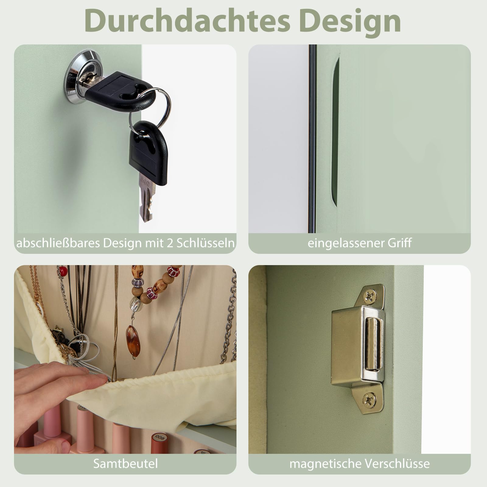 COSTWAY Schmuckschrank mit LED Spiegel, Schmuckregal abschließbar mit Schlüsseln, Wandspiegel Spiegelschrank hängend, Schmuckaufbewahrung 120 x 35,5 x 10 cm (Grün)
