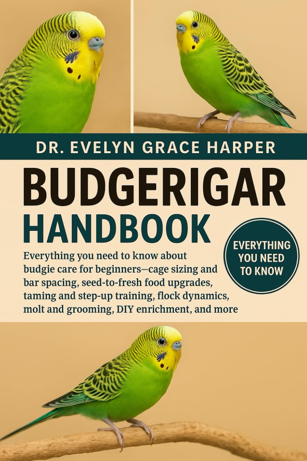 BUDGERIGAR HANDBOOK: Everything You Need To Know About Budgie Care for Beginners — cage sizing and bar spacing, seed-to-fresh food upgrades, taming ... molt and grooming, DIY enrichment, and more