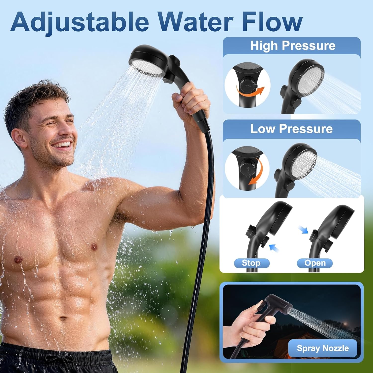 Portable Shower for Camping, Rechargeable Camp Shower Pump (6000mAh-IPX7 Waterproof) with Shower Head, Spray Nozzle 6.7ft Hose & Hook, Outdoor Camping Shower Gear for Travel, RV, Pet Bath, Car Washing