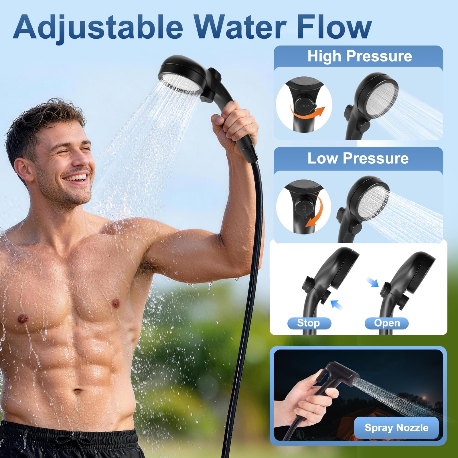 Douche portable pour camping, pompe de douche rechargeable (6000 mAh-IPX7 étanche) avec pommeau de douche, buse de pulvérisation, tuyau de 2 m et crochet, équipement de douche de camping en plein air