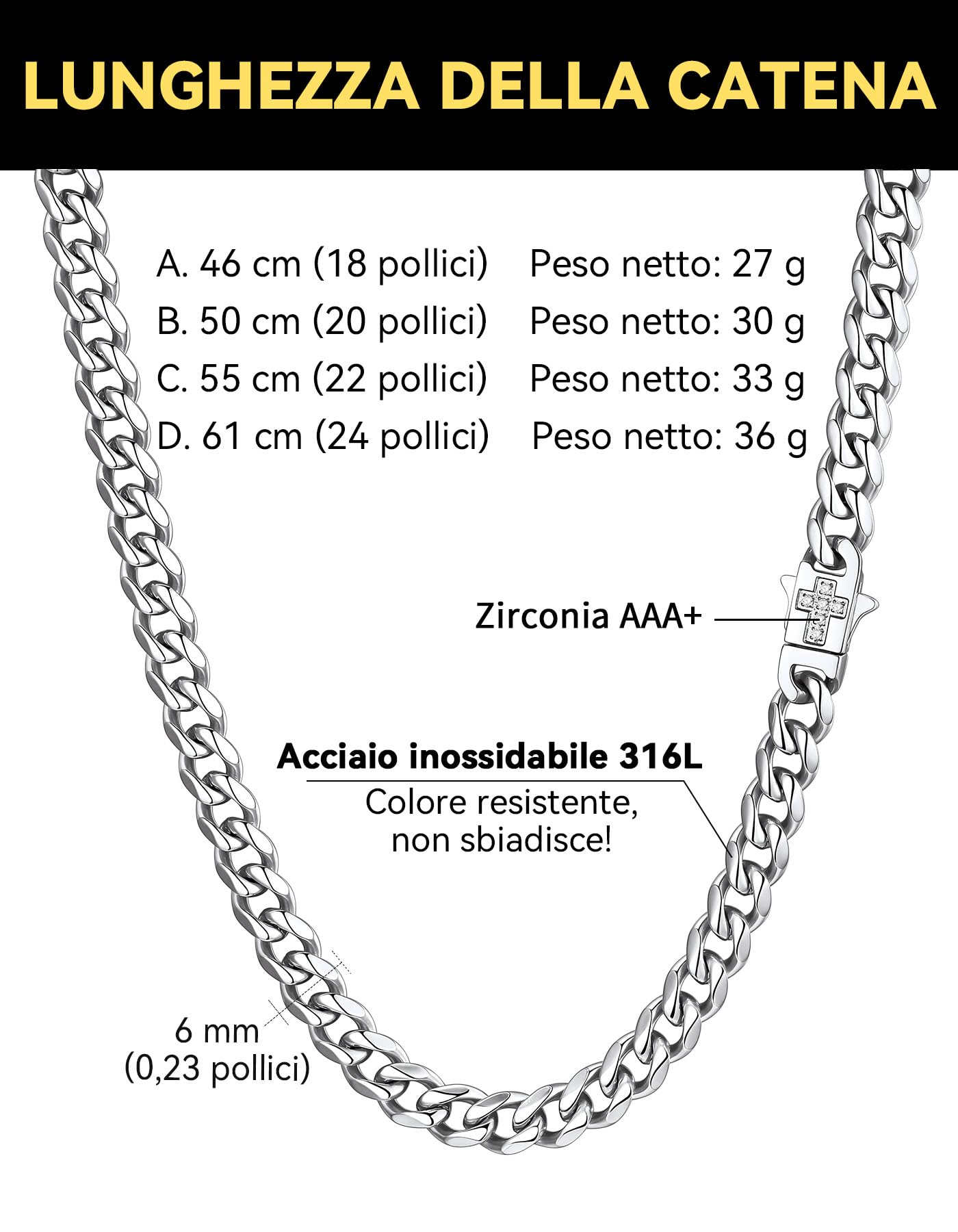 ChainsHouse Collana da Uomo in Acciaio Inossidabile a Catena Cubana con Chiusura a Croce in Zirconi, Gioielli Stile HipHop Punk Regalo per Uomo Donna, Catena Larga 6 mm Colore Argento/Oro/Nero