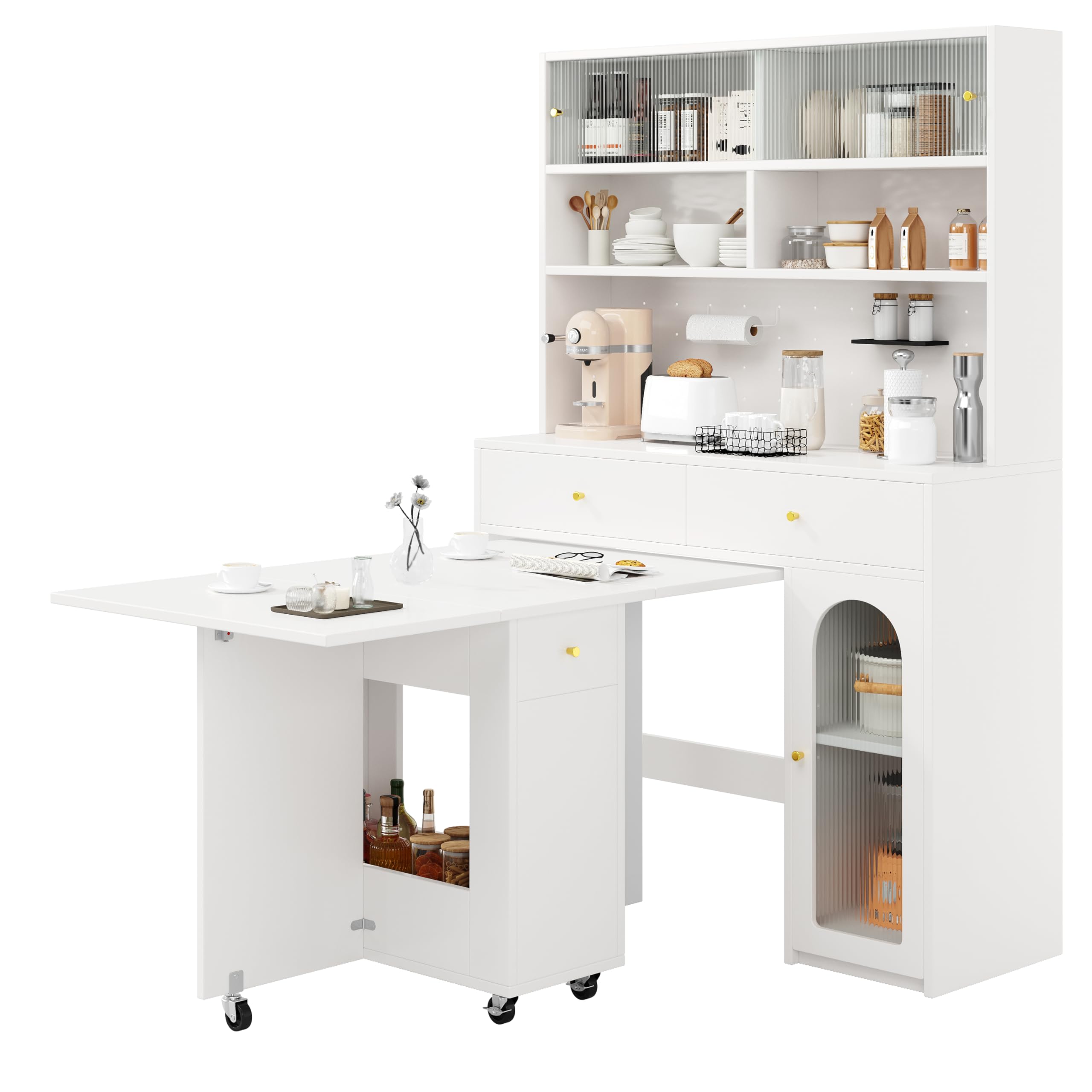 Set de armario de cocina con mesa de comedor plegable, mesa de bar móvil con ruedas, armario alto con espacio de almacenamiento y superficie de trabajo, muebles de cocina que ahorran espacio