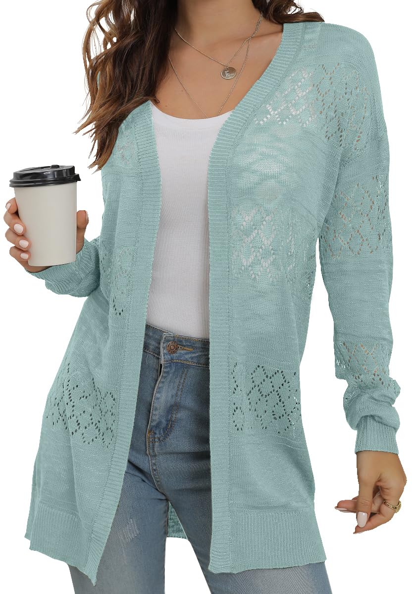 GRECERELLE Lightweight Cardigan Sweaters for Women Crochet Knit Open Front Long Sleeve Loose Casual Boho Summer Beach Coverup