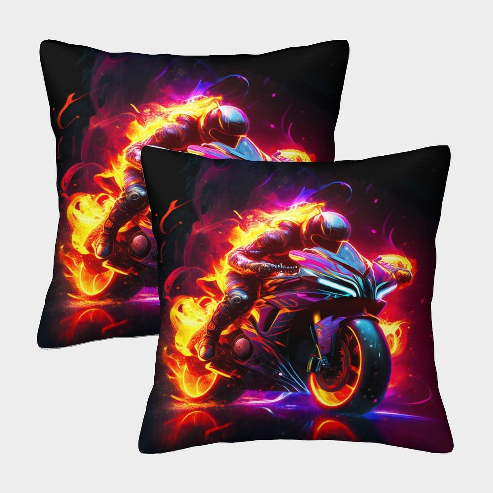 QFVANSIYO Colorful Flame Motorcycle 3D Printed Pillowcase Microfiber Bedroom Decor Racing Pillow Cover Soft Breathable for Adults Teens 45x45cm