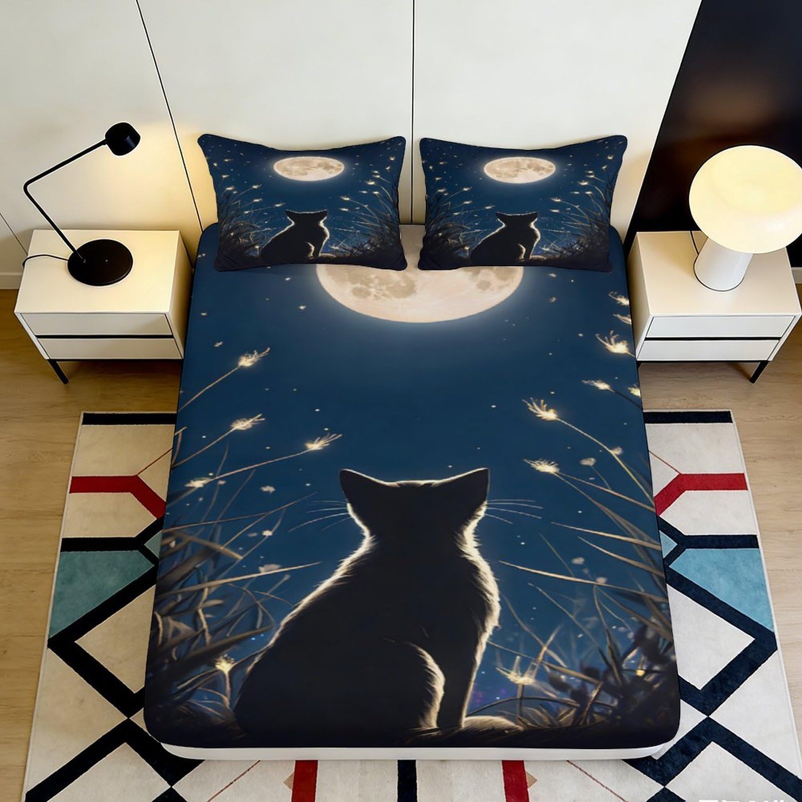 3D Printed Cat Moonlight Fitted Sheet Microfiber Soft Breathable Night Sky Bed Cover for Bedroom Dormitory Guest Room Mattress Protection Decor 90x200x25cm