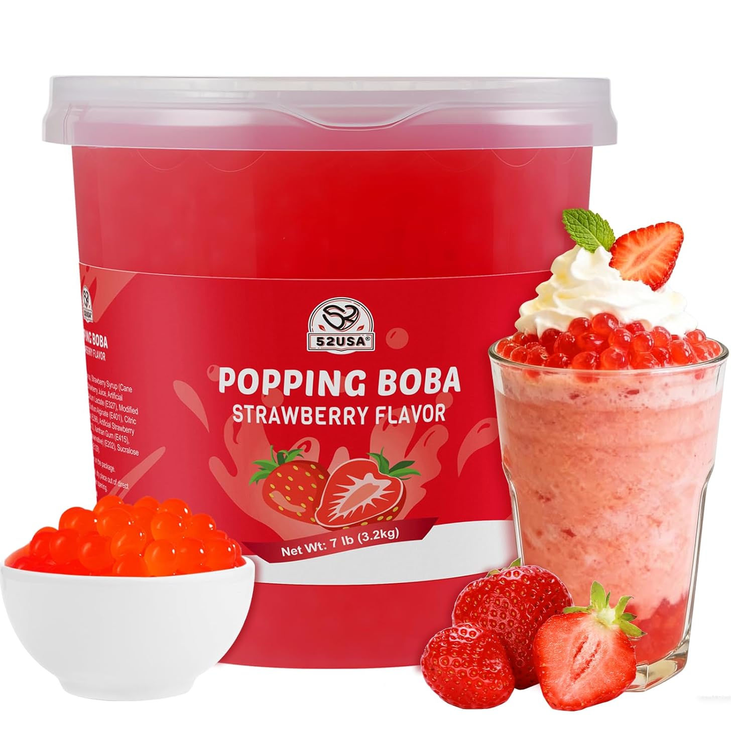 52USA Strawberry Popping Boba Peals 7.05 Pounds, Bursting Boba Pearls for Bubble Tea, Beverages, Ice Cream, Shakes, Yogurt, Desserts, Smoothies & Drinks Toppings