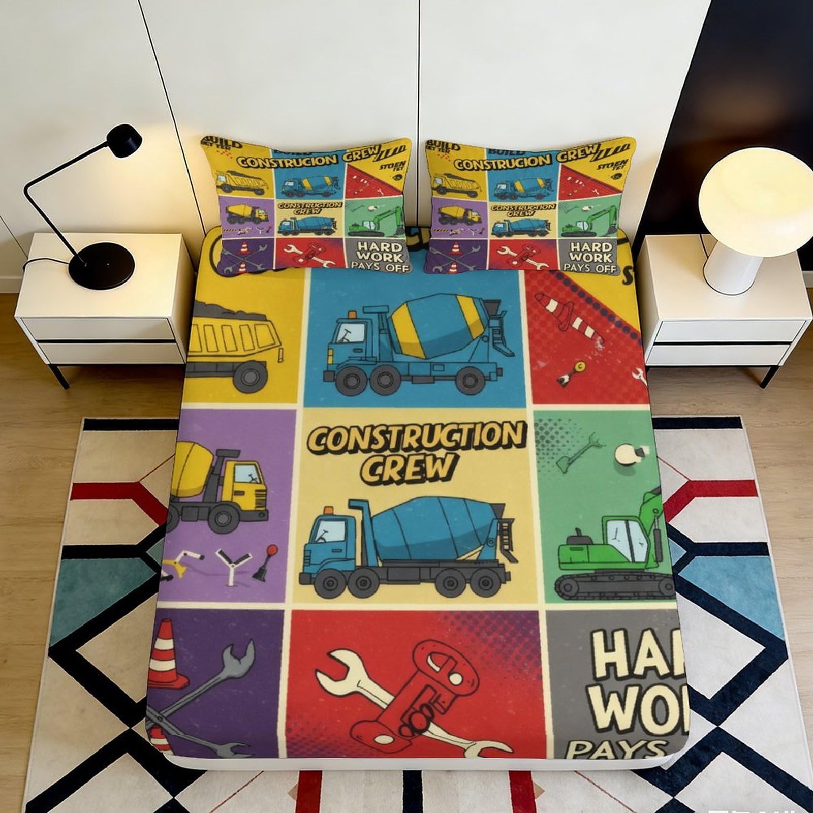 3D Printed Cartoon Truck Fitted Sheet Microfiber Elastic Hem for Teens Adults Bedroom Bedding Cartoon Truck Mattress Fitted Cover Deep Pocket Non-Slip Full Wrap 180x200x25cm