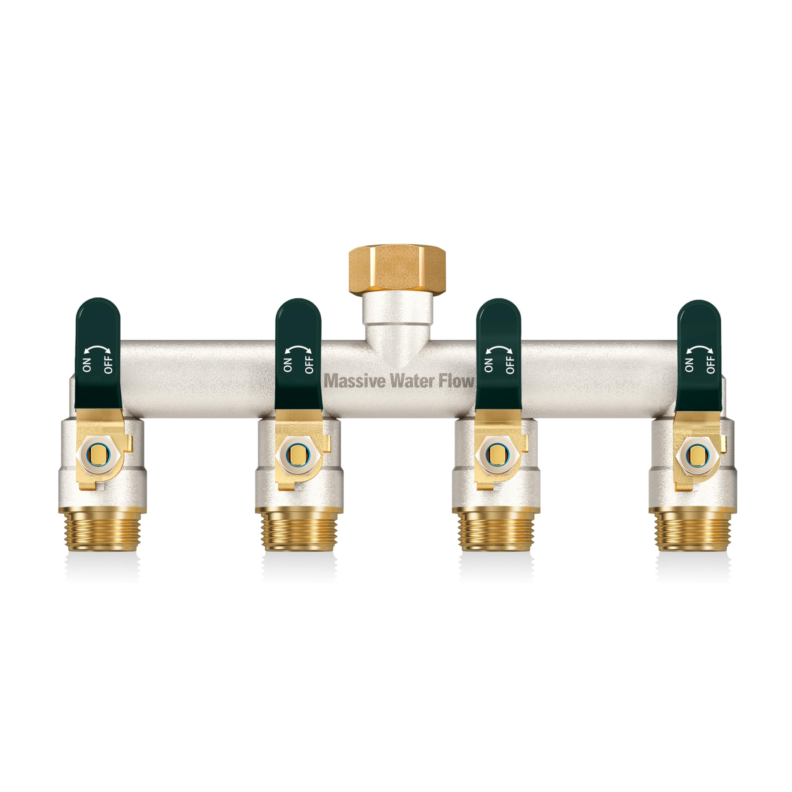 HugWaFlw 4-way Hose Pipe Splitter, Outdoor Tap Splitter, 3/4 Inch Tap Connector, Nickel plating Solid Brass Large Flow Hose Splitter 4-way, Enables Four-way Diversion of The Water Tap-Green Grip