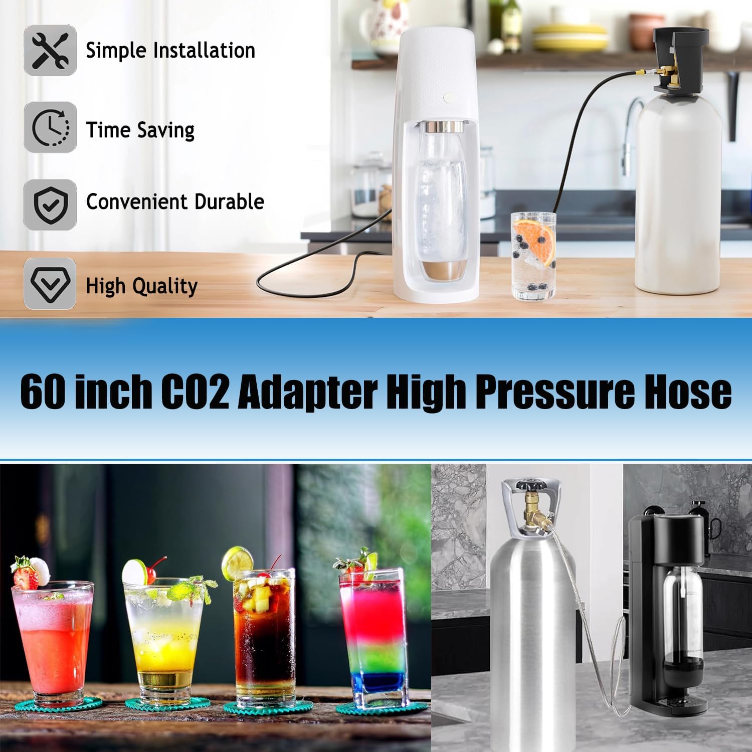 60 inches Soda Machine Adapter Hose Kit, CGA320 to New SodaStream Maker for Terra, Duo, Gaia, Crystal3.0, Co2 Tank Cylinder Hose Kit with New Snap-on Direct Connector