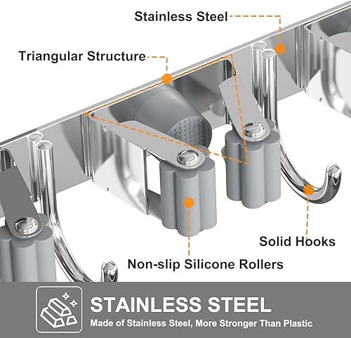 Miniatura 5 de HANZENMA Broom Holder Wall Mount, Broom Organizer Wall Mount Stainless Steel Broom and Mop Hanger Heavy Duty Storage Organization for Home Kitchen