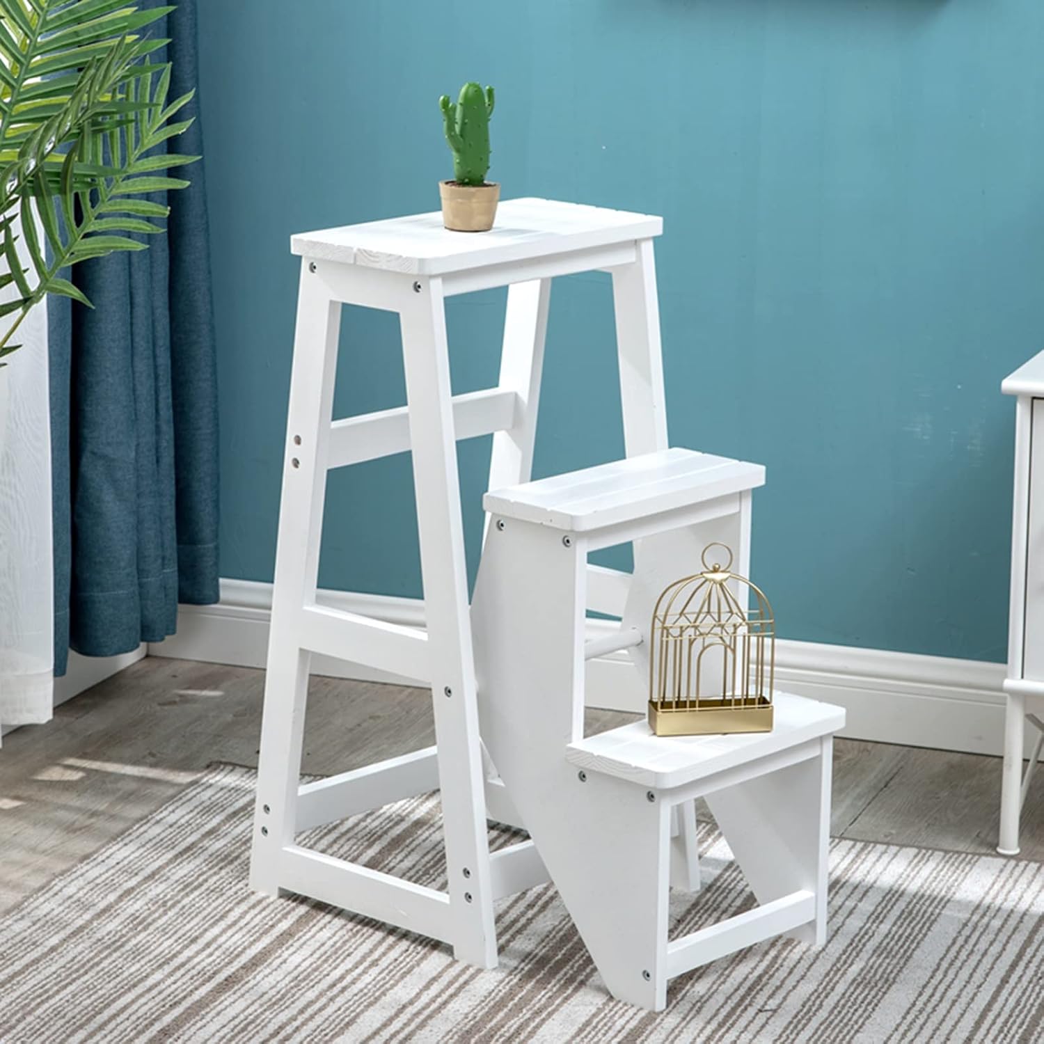 Folding Step Stool Wood Ladder Chair, Portable 3 Step Ladders Stairs Chair Foldable Stepladder for Home Kitchen Loft Camping Foot Stools, White