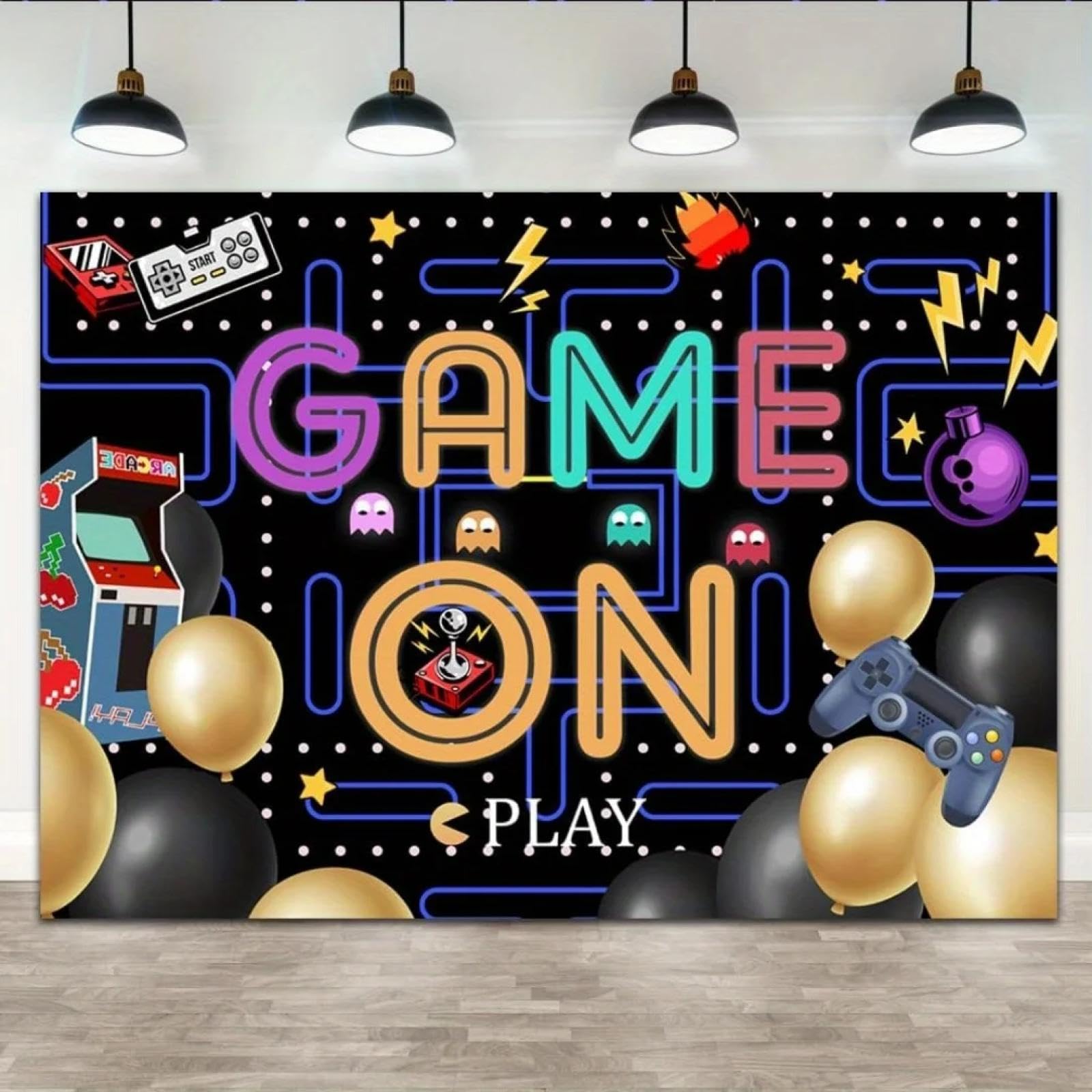 Sfondo di gioco Sfondo di compleanno di videogiochi, forniture per feste di illuminazione, decorazioni per feste di gioco, tavolo per torta di battesimo, cabina fotografica 350x230cm