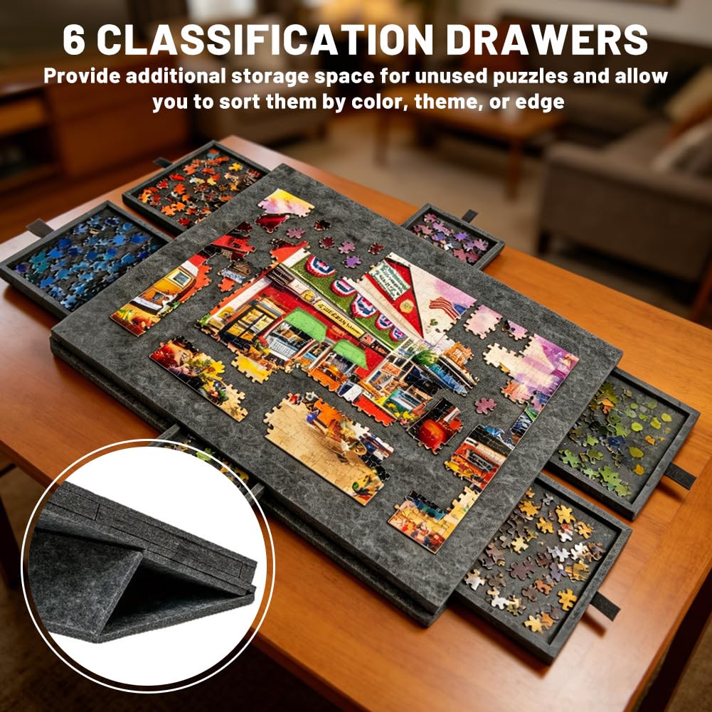 Tableau pliant pour puzzle de 1000 pièces avec 6 tiroirs - Plateau portable pour puzzle avec support 2-en-1 et couvercle, super léger en feutre pour puzzle pour adultes, utilisable pour 500, 1500