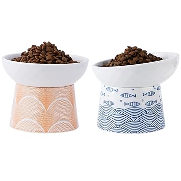 TAMAYKIM Ceramic Raised Cat Bowls, Food and Water Bowls Set for Cats, Porcelain Elevated Stress Free Feeding Pet Dish, 2 Pack