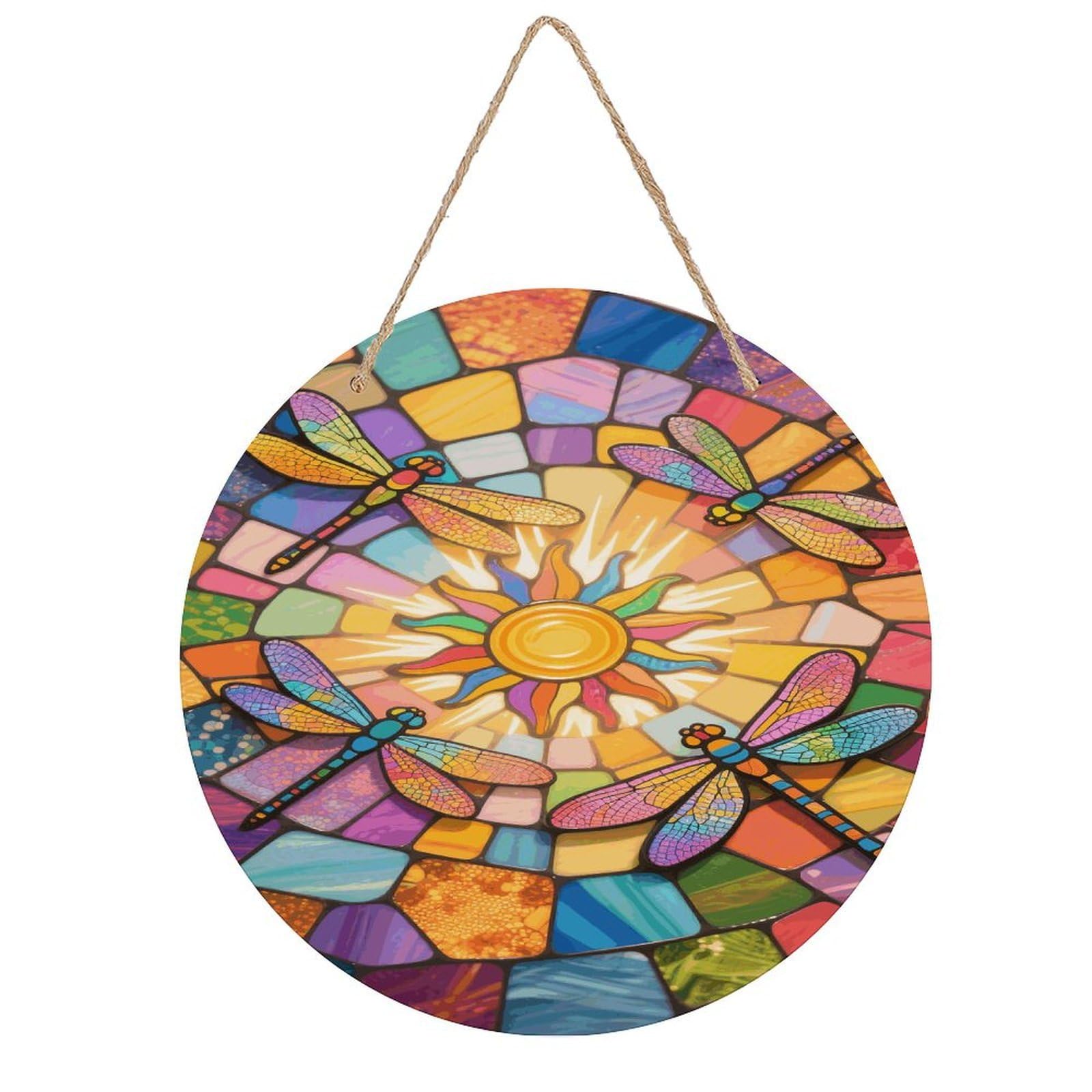 VstaDank Stained Glass Dragonfly Wall Decor Round Wood Hanging Sign 7.9x7.9 in Wooden Circle Door Hanger with Ropes, Rustic Wall Art Decor for Home Front Door Indoor Outdoor Decoration