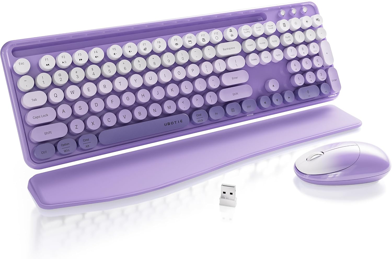 xUBOTIE Wireless Keyboard and Mouse, Colorful 104-Key QWERTY with Round Keys, Phone Holder, Wrist Rest, Power Buttons, 2.4GHz USB for PC Laptop(Purple Gradient)