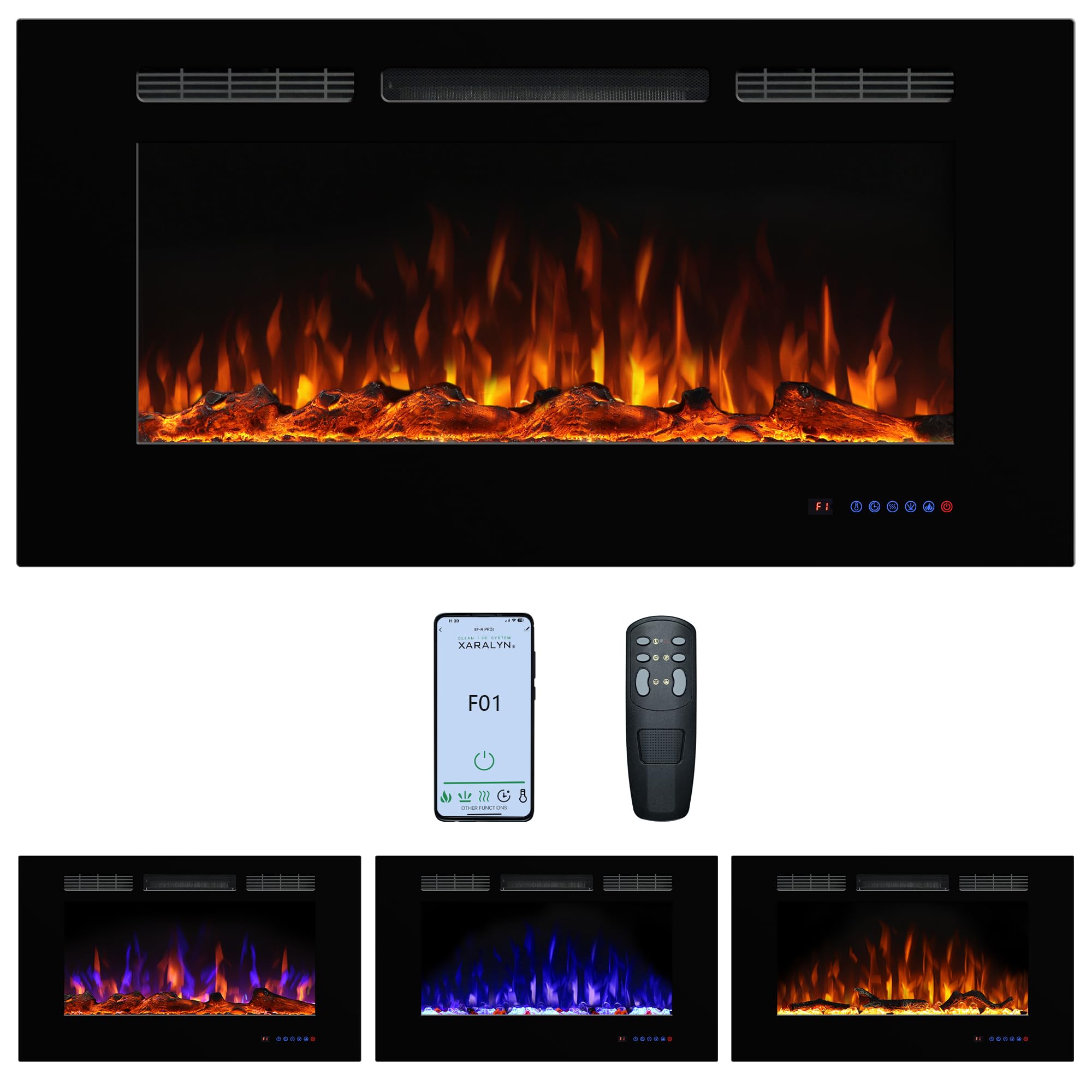 Dreamflame Electric Fireplace 42inches, Wall-Mounted & Recessed Fireplace Inserts, Multicolor Flame w/5 Dimmer, Remote Control Thermostat, Timer,