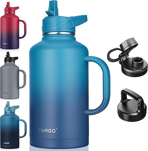 Miniatura 1 de CIVAGO Botella de agua aislada de 64 onzas con popote y asa, frasco de agua de acero inoxidable de medio galón, botella de agua deportiva grande de