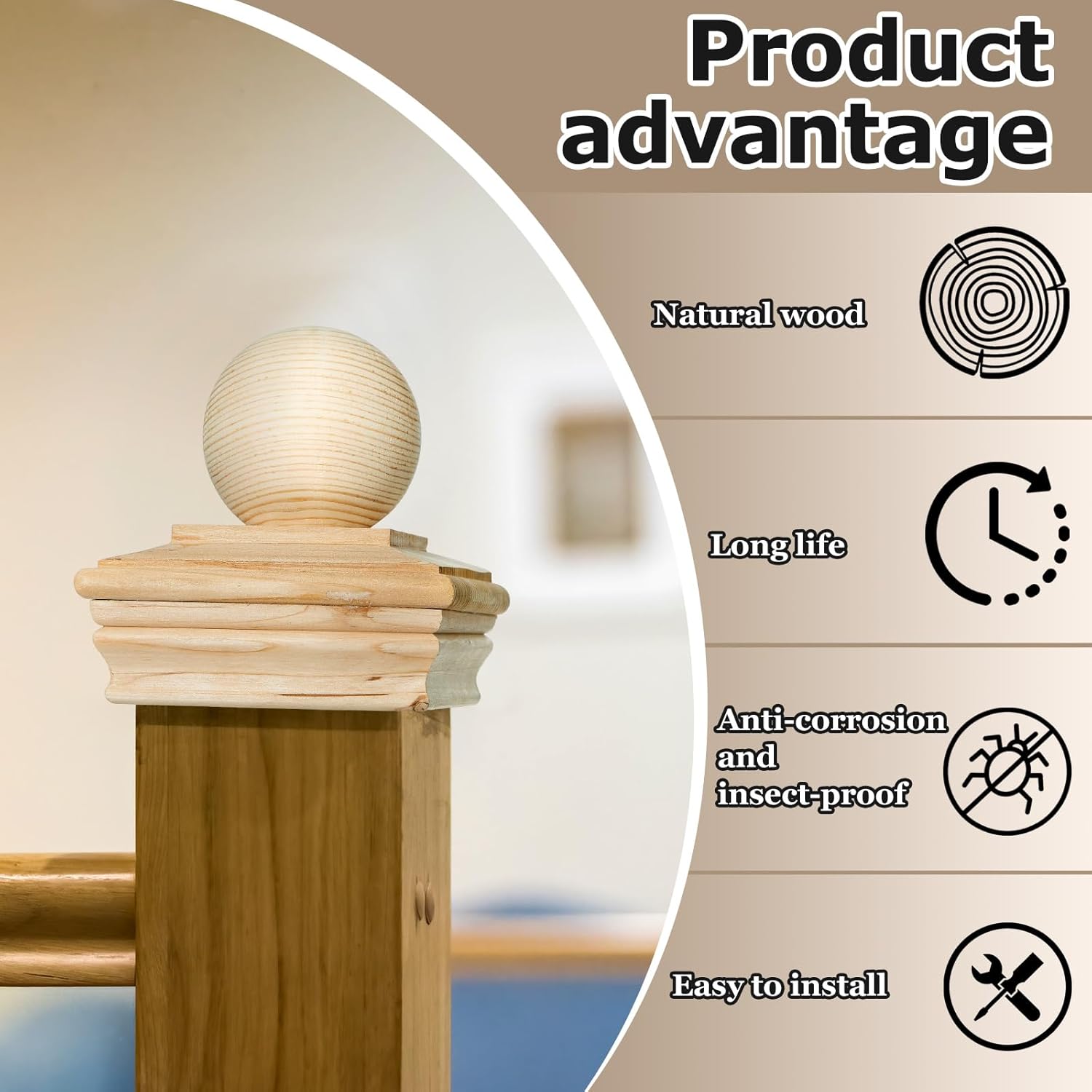 Hosuly 2 Pcs 4x4 (Actual 3-5/8") Wood Post Caps with Ball Finial, Rot Resistant Cedar Newel Post Cap for Outdoor Fence & Deck