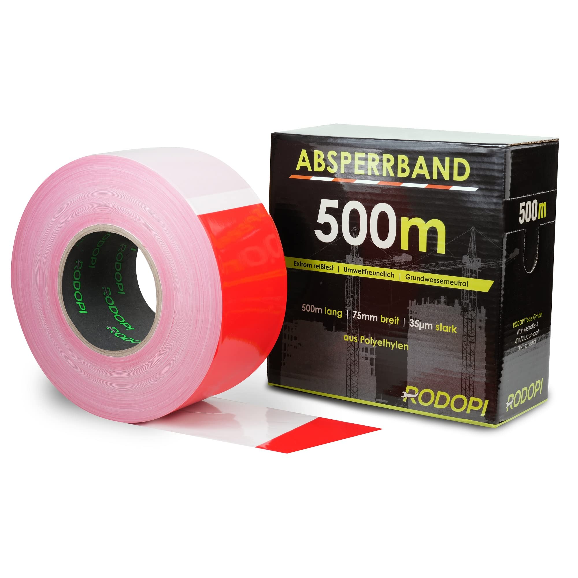RODOPI Absperrband AreaGuard 500m x 75mm Flatterband rot weiß 50µm Warnband Reißfest Trassierband zum absperren von Baustellen Sperrband gestreift (4 Rollen (2000m))