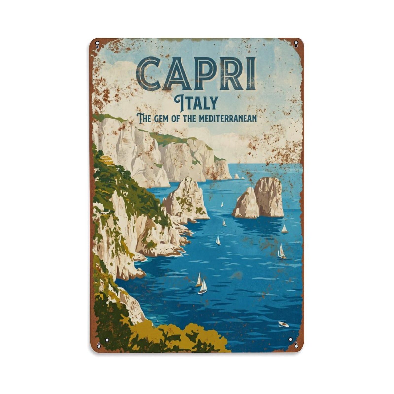 Vintage Travel Capri Italy Metal Tin Sign Wall Decor for Cafe, Club, Garden Metal Poster 8x12Inch
