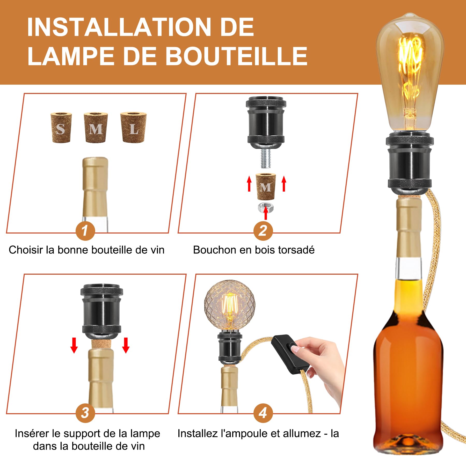 Adaptateur Bouteille pour Douille de Lampe, 240CM Corde de Chanvre Câble, Céramique Douille E27, Support Lampe Bouteille, 3 Bouchons Souples, Kit Lampe Bouteille pour Différent Abat Jour, Noir