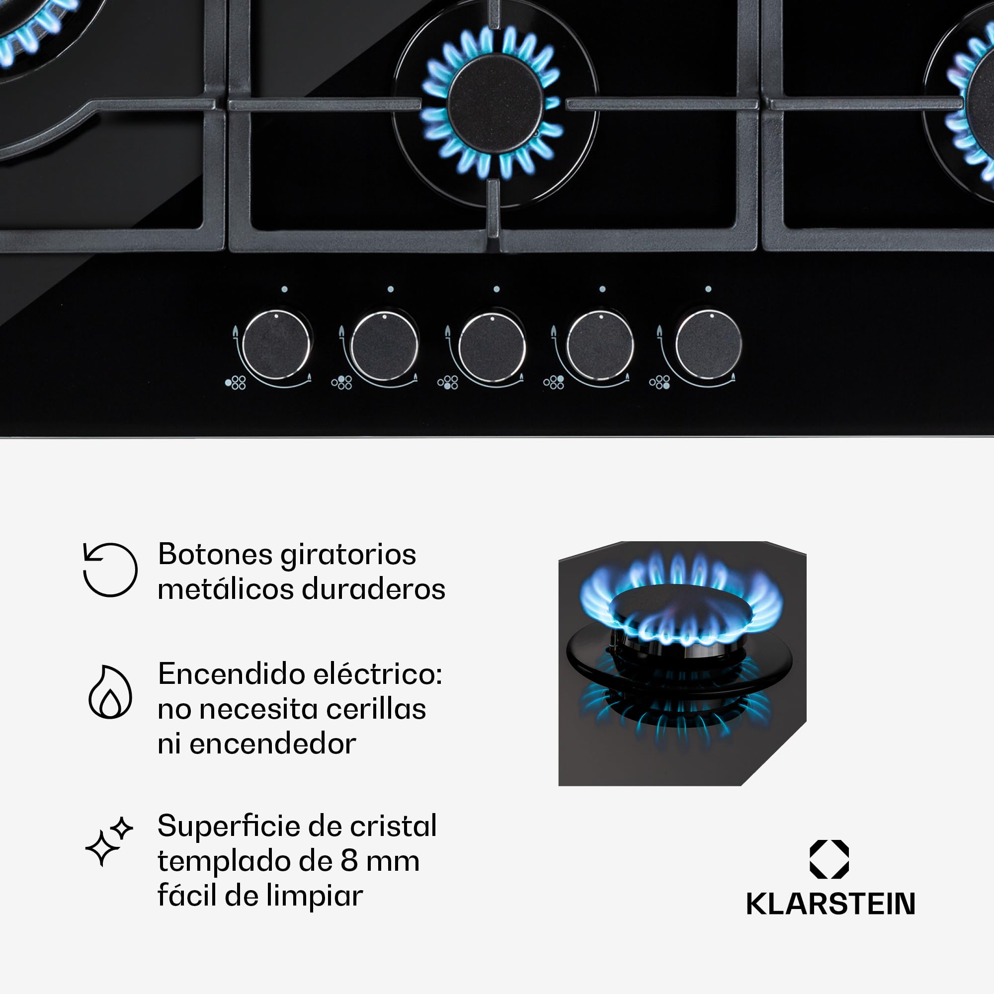 Klarstein Cocina de Gas Butano, 5 Fuegos Placa de Gas para Encimera Cocina, Potencia de 11100W, Placa Butano Integrada Acero y Cristal Cerámico, Fogones para Cocinas, Encimera de 5 Anillos GPL