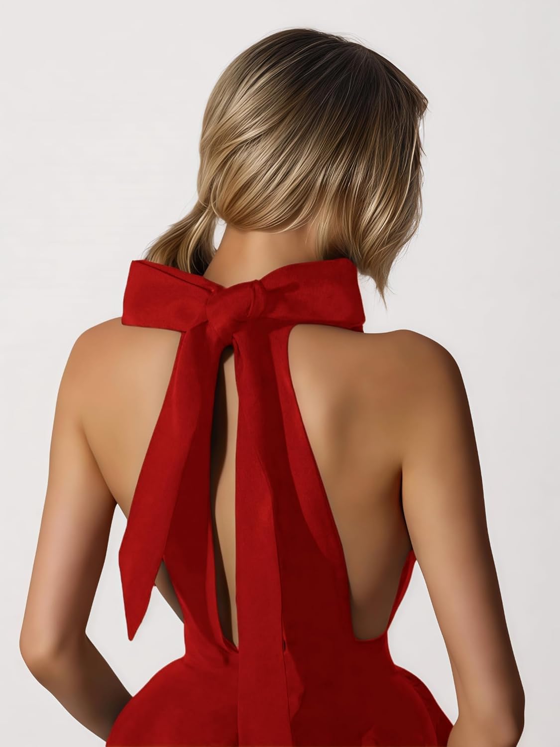 SHESEEWORLD Women's 2025 Summer Sleeveless Halter Neck A-Line Back Zipper Bow Pleated Mini Dress - Image 5