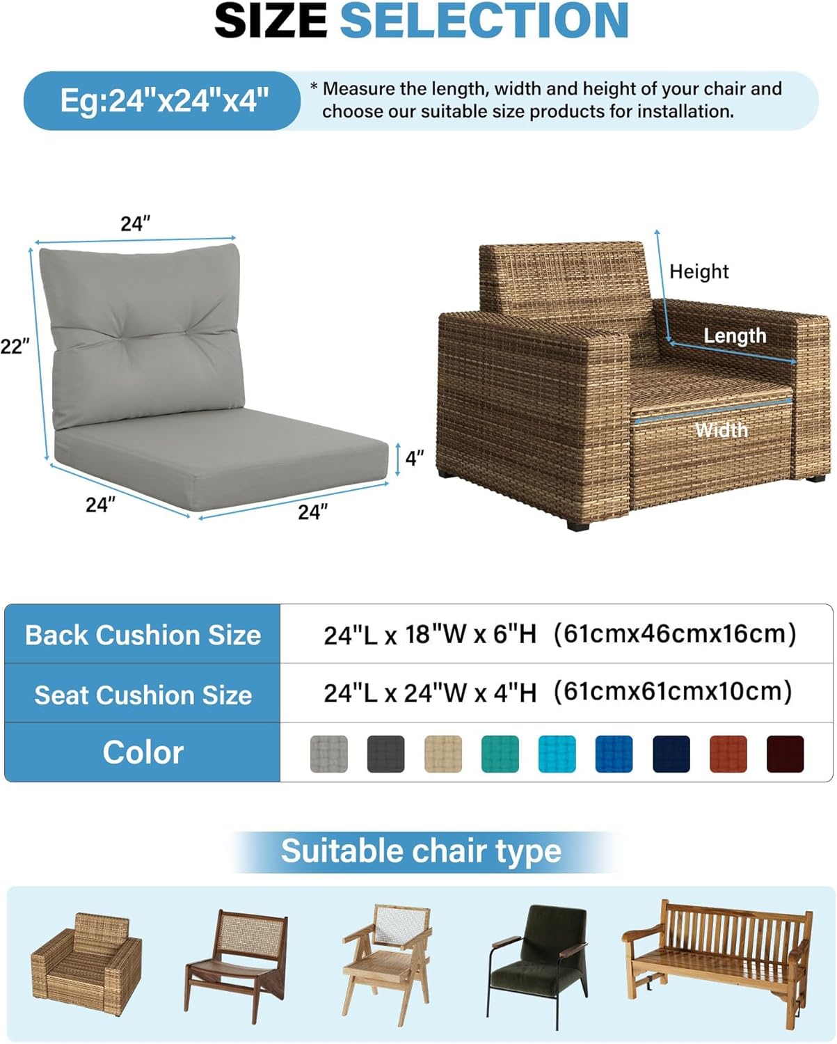 YEFU Outdoor Loveseat Cushions for Patio: Outdoor Chair Cushions - 24 x 24 Waterproof Replacement Patio Furniture Cushions - Deep Seat and Backrest Cushion Set for Patio Couch Bench Swing - Light Gray