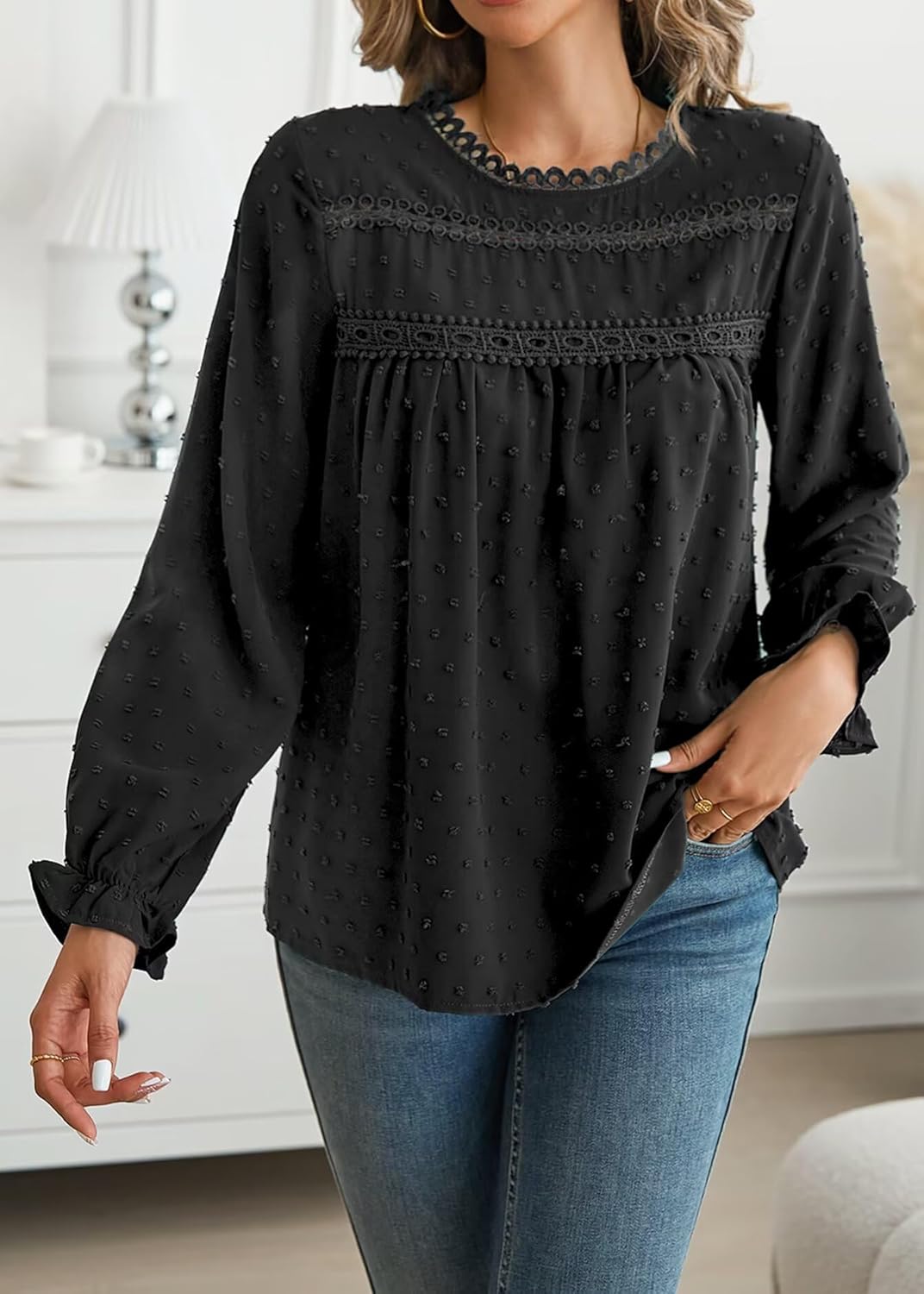 Womens Boho Tops Long Sleeve Shirts For Women Cute Crewneck Blouse Dressy Casual Swiss Dot Crochet Hollow Top 2026 - Image 2