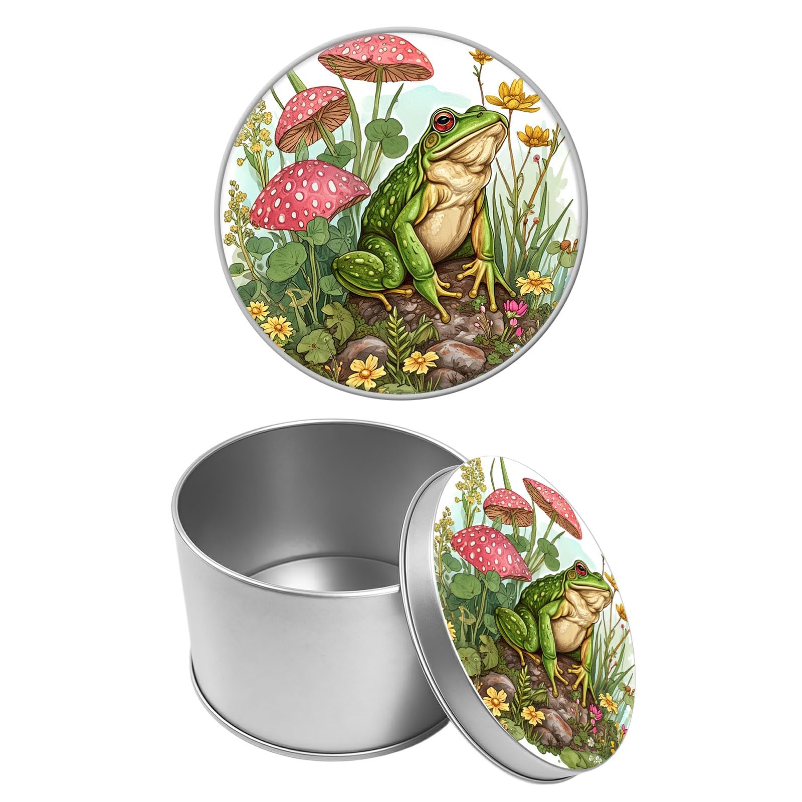 Round Metal Tin Container with Removable Lid, Mushroom Green Frog Durable Metal Storage Box for Cookies Spices Tea Candies Cakes Jewelry Cosmetics 3.54 x 2.36 inch– Single Pack