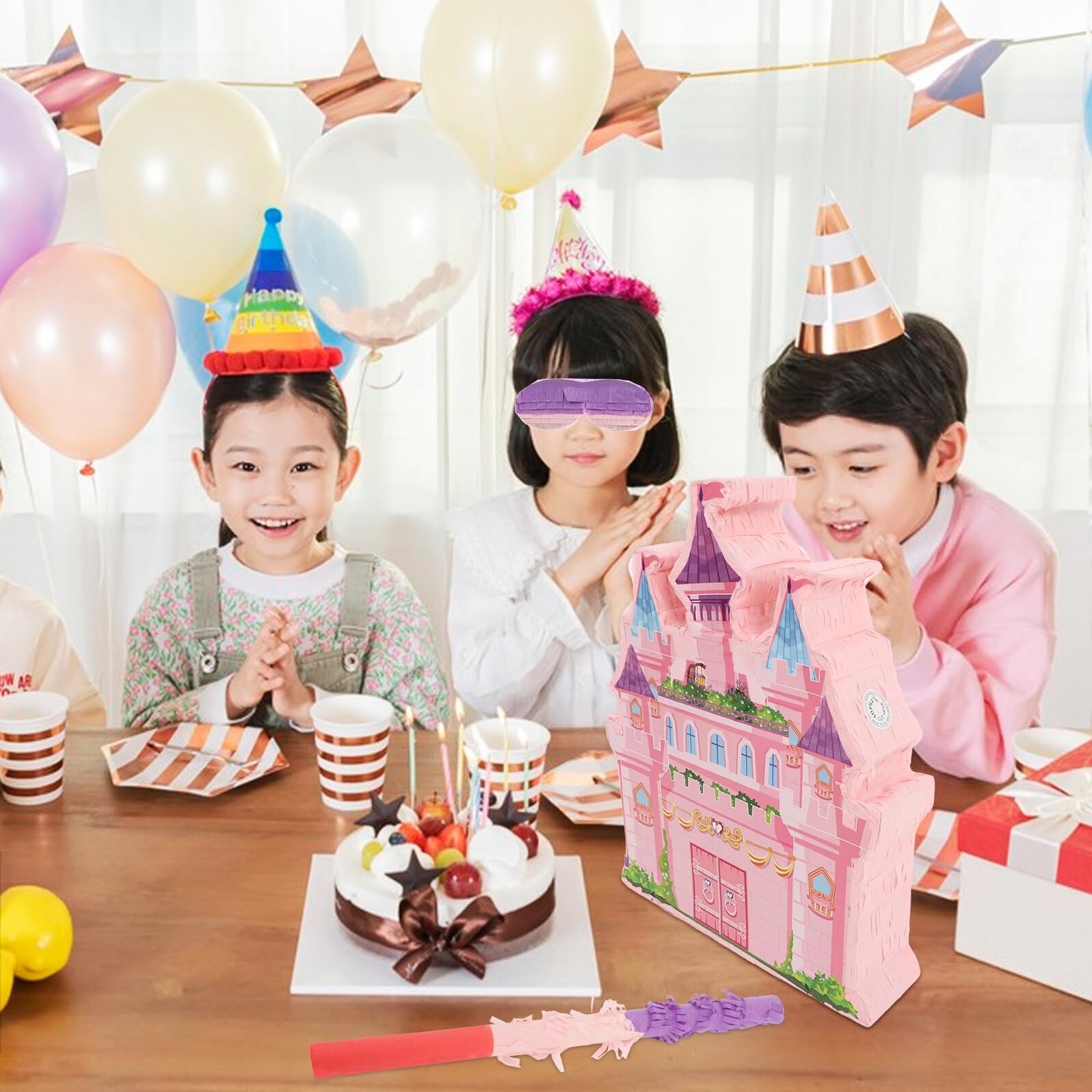 Piñata de Castillo Rosa para Cumpleaños Infantiles, Colgante Contenedor de Dulces, Incluye Palo para Romper y Venda, Decoración Temática para Fiesta de Niñas, Juego Divertido