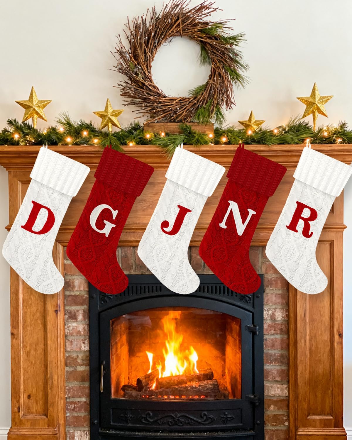 Personalized 20-Inch Red Knit Christmas Stockings with Initials(G)