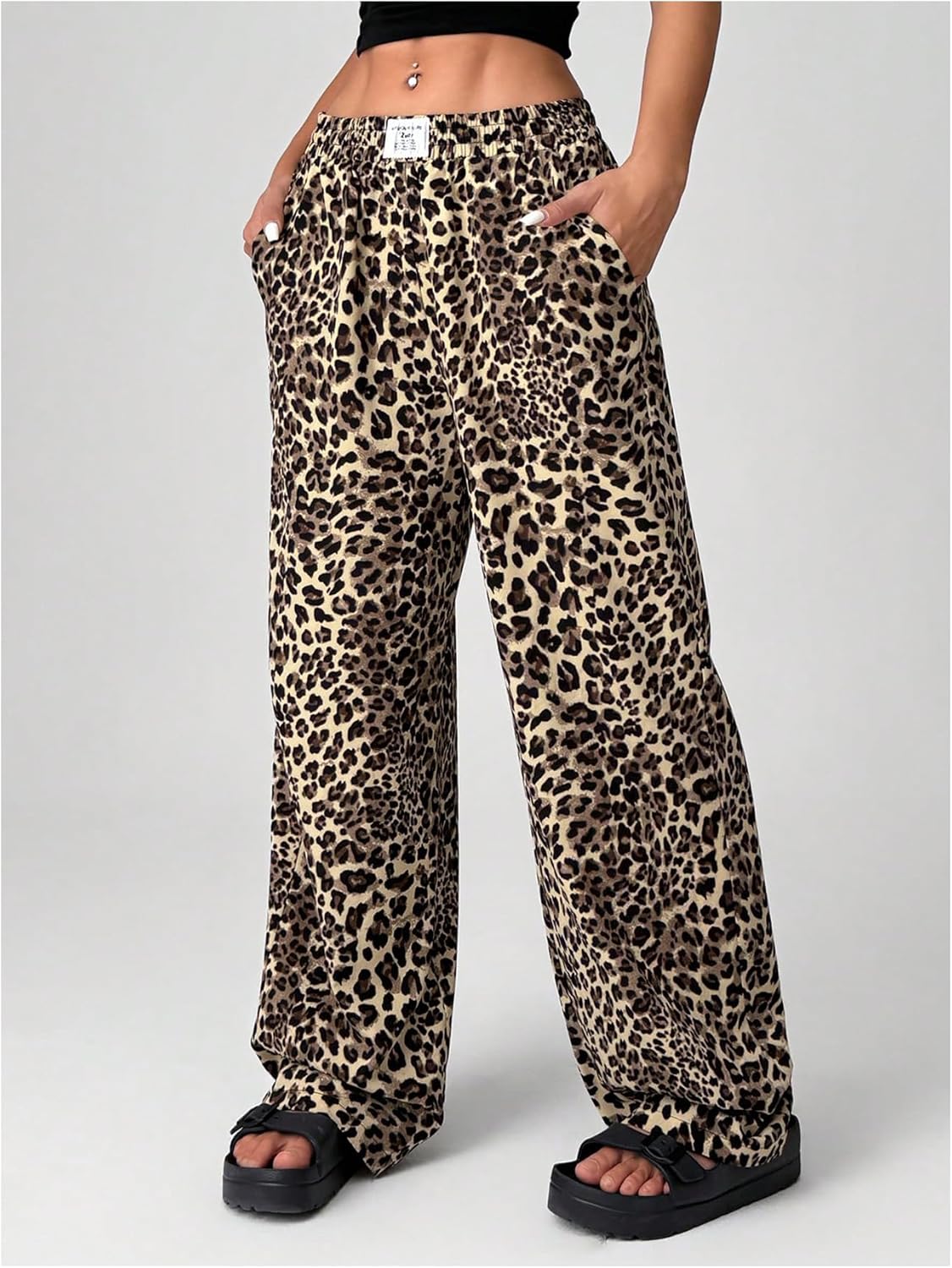 Women's Letter Leopard Print Straight Leg Pants Elastic Waist Y2K Trousers Bottoms with Pockets - Image 3