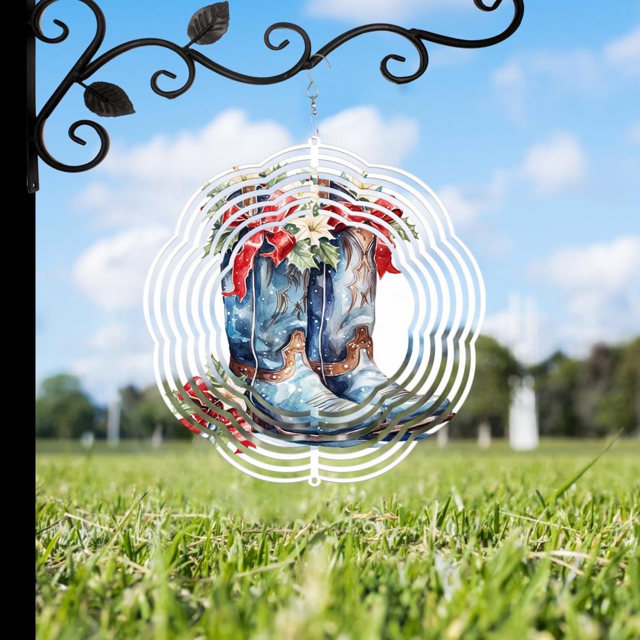 Blue Cowgirl Boots Mistletoe Christmas Wind Spinners 3D Stainless Steel Laser Cut Metal Double Sided Printing-Hanging Indoor/Outdoor Decorations Yard Gardening Decor,Metal Kinetic Art 14x14 inches