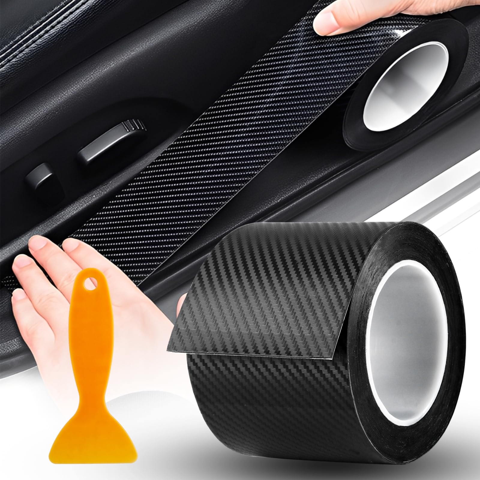 AKOLAFE 10M x 10CM Protection Seuil de Porte Voiture Fibre de Carbone Autocollante Film de Protection Carrosserie PVC Anti-Rayure Protecteur de Seuil Voiture Universel Noir