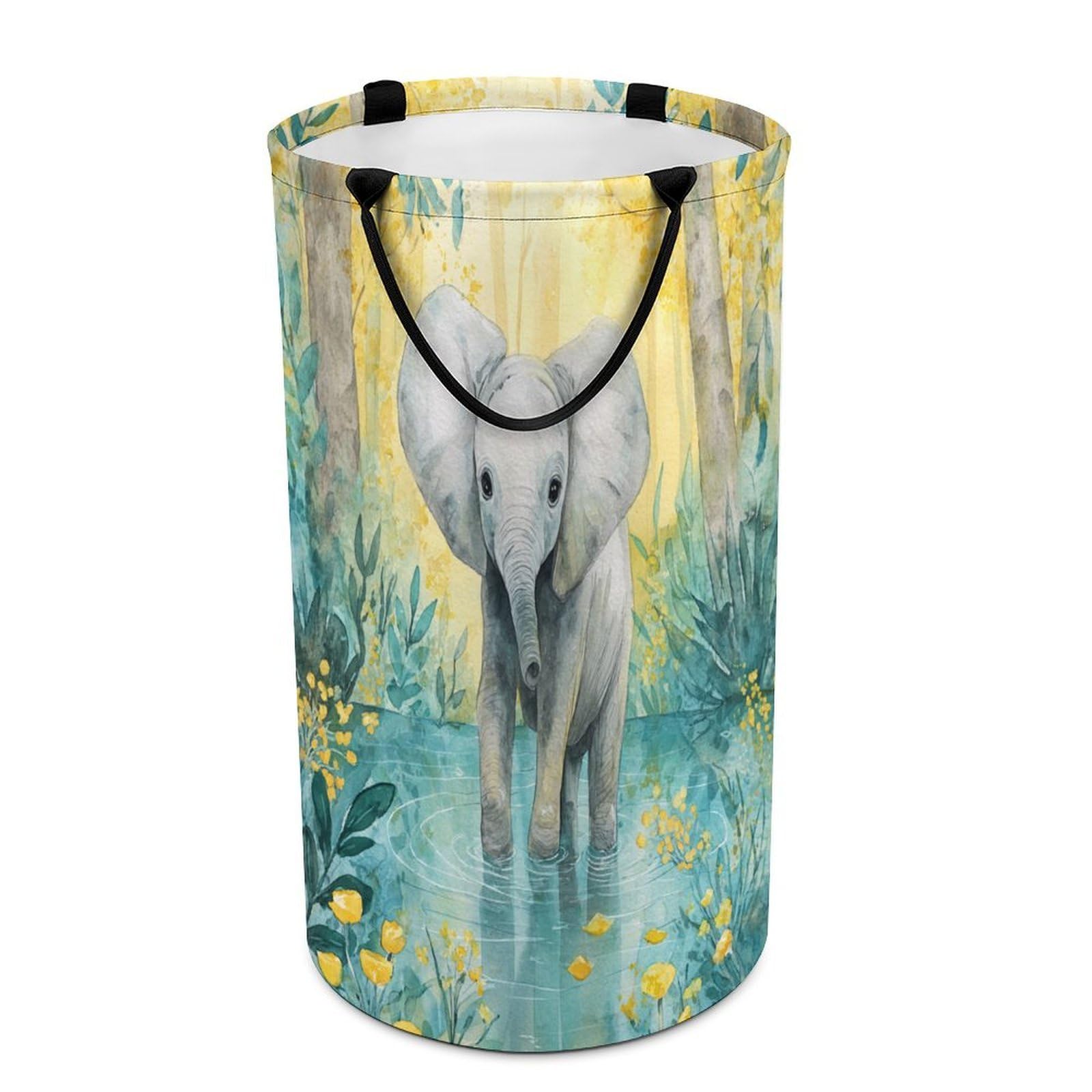 LUYYSKY Beautiful Abstract Baby Elephant Versatile Storage Laundry Basket, Cute Realistic Tropical Jungle Animal Elephant Flowers Large Capacity Bathroom Hamper With Handle